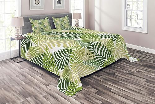 Ambesonne Leaf Coverlet, Tropic Exotic Palm Tree Leaves Natural Botanical Spring Summer Contemporary Graphic, 3 Piece Decorative Quilted Bedspread
