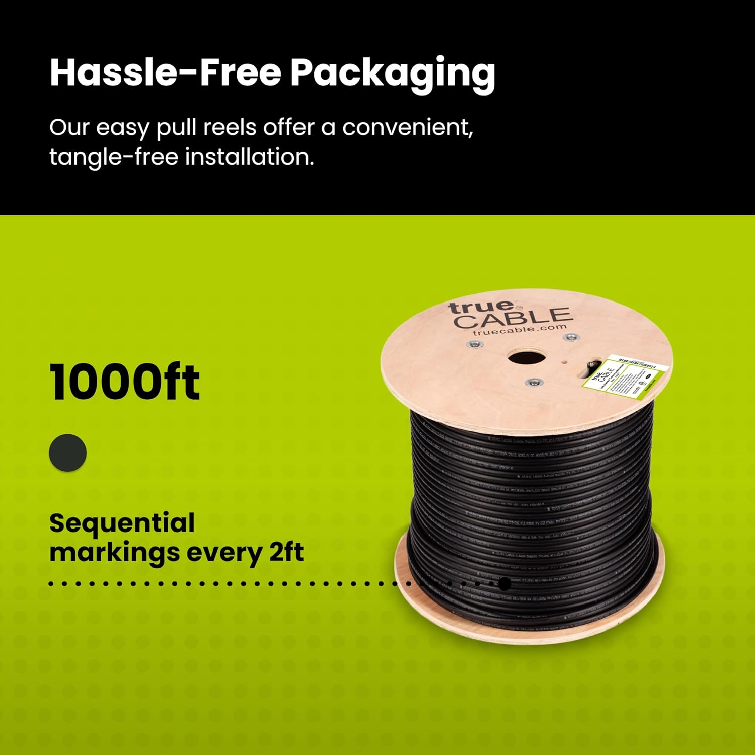 TRUECABLE Cat6 Outdoor Bulk Ethernet Cable with Messenger, Shielded F/UTP, 1000ft, UV Resistant CMX Jacket, Aerial, Black, 23AWG Solid Bare Copper, 550MHz, PoE++ (4PPoE), ETL Listed