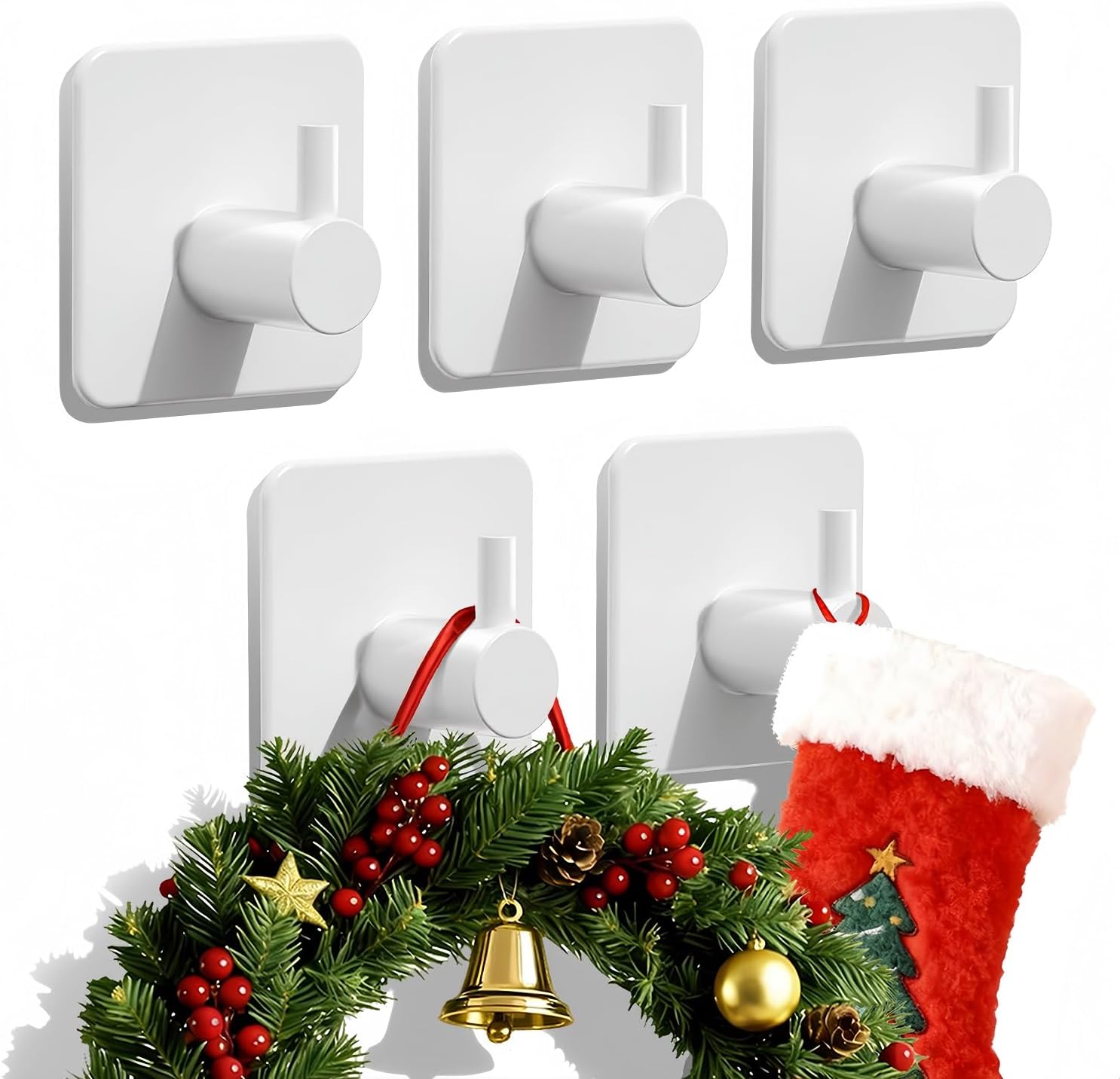 Auxmir Adhesive Hooks Heavy Duty 22lb(Max) Wall Hooks, 5 Pack Self Adhesive Damage Free Towel Rack, Stainless Steel for Coat Robe, Waterproof Oilproof Rustproof for Bathroom Shower Kitchen Office