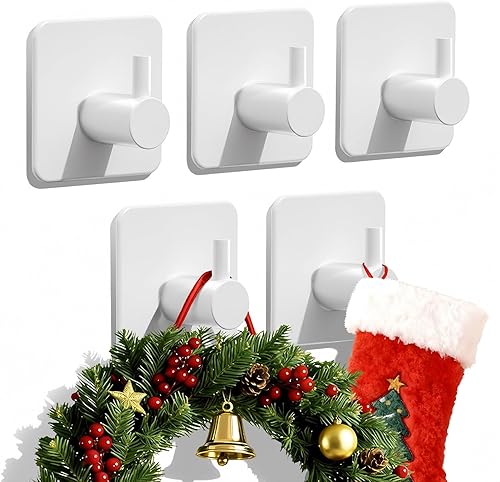 Auxmir Ganchos adhesivos resistentes de 22 libras (máx.), paquete de 5 toalleros autoadhesivos sin daños, acero inoxidable para abrigo, impermeable,