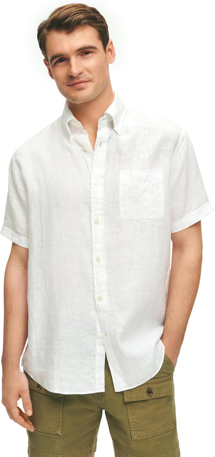 Brooks Brothers Mens Linen Sport Shirt Short Sleeve Solid Button Down