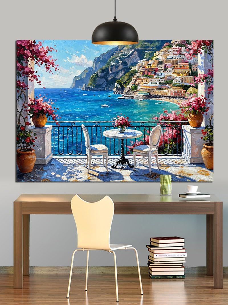 Çiçekli Deniz Kenarı Restoran Dekoratif Kanvas - Mdf Ahşap Tablo