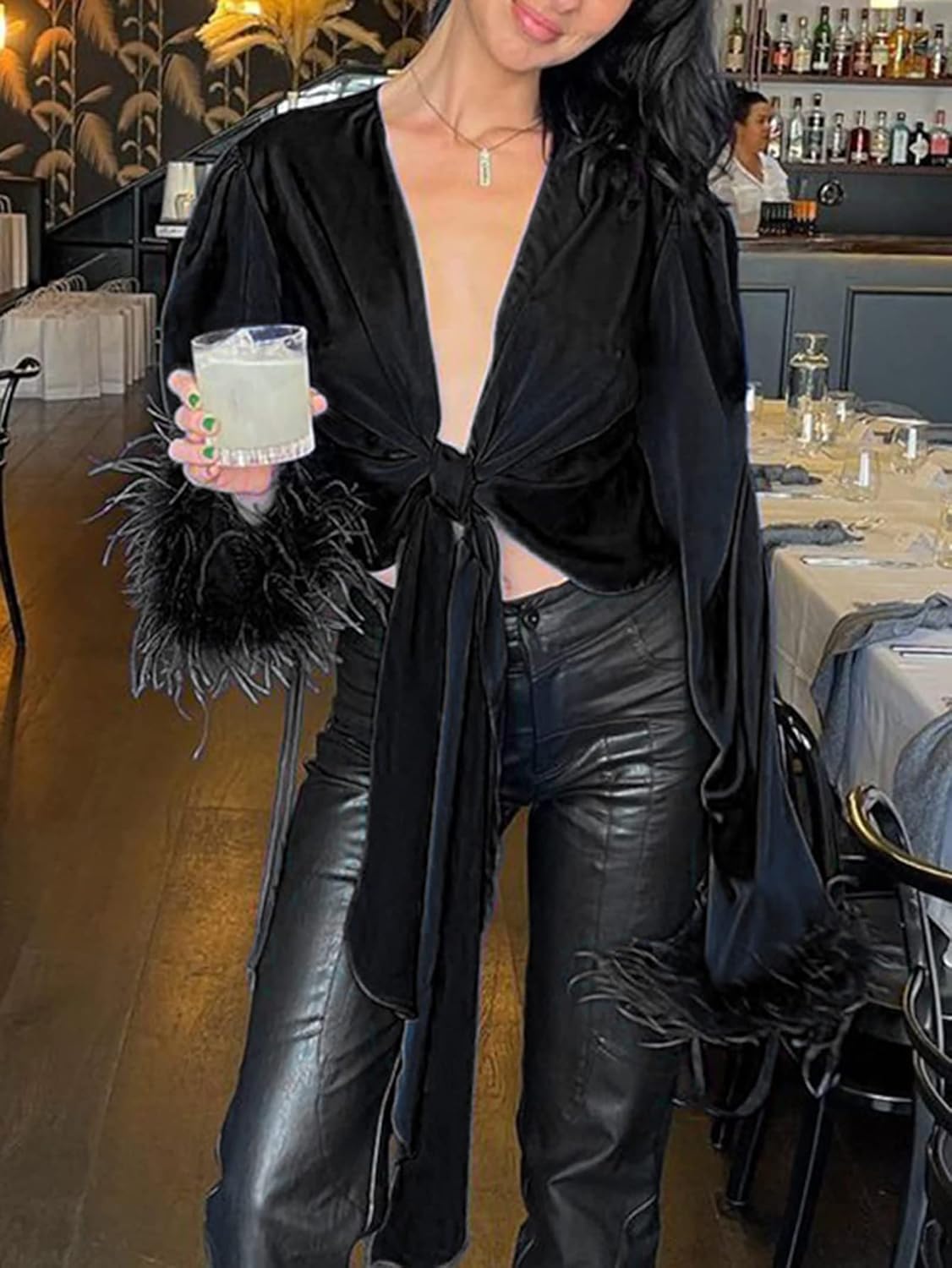 Zoyami Womens Long Sleeve Feather Crop Top Puff Sleeve Tie Back Stain Blouse - Image 4