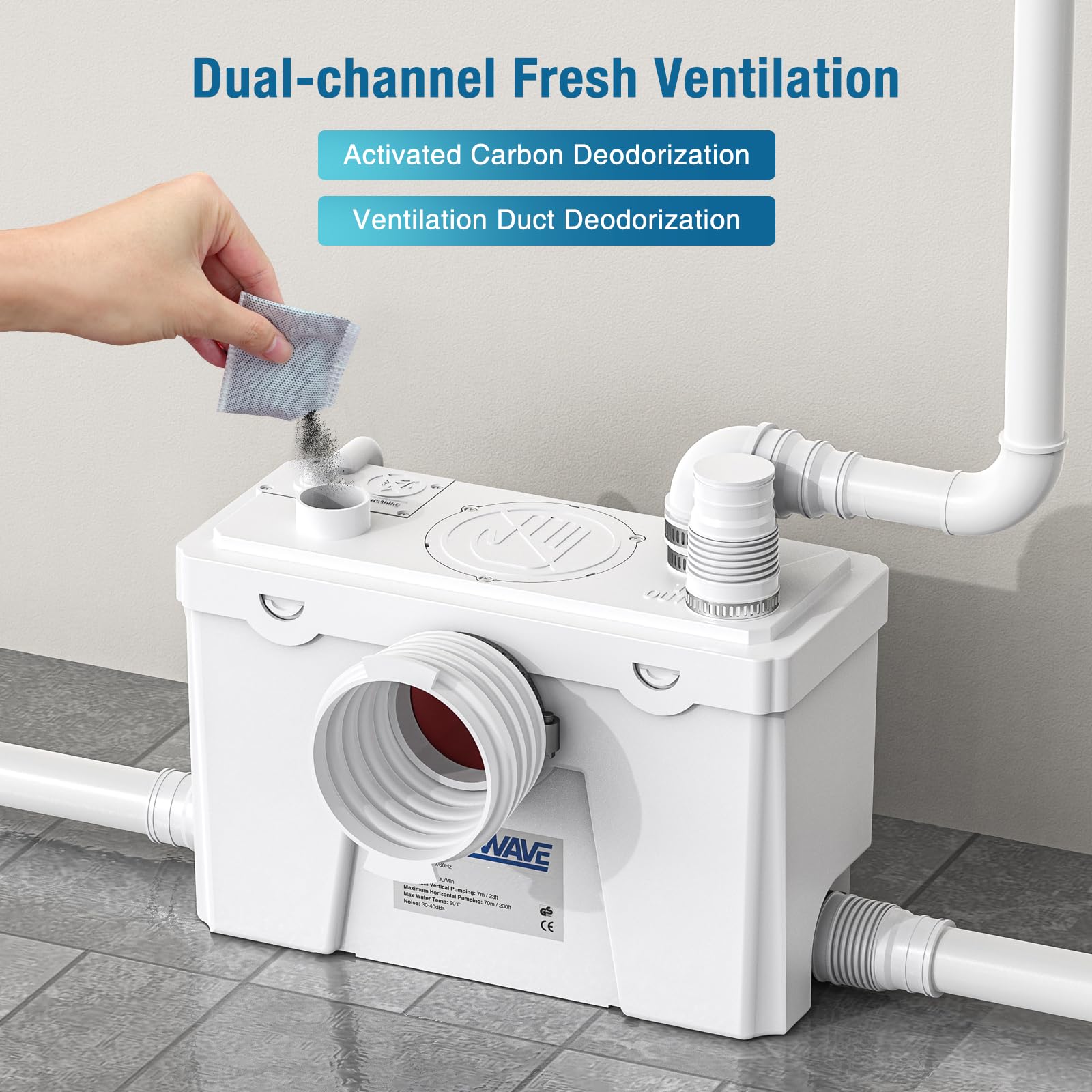 CrestWave - Bomba maceradora de 500 W, sistema de descarga de alta resistencia con 4 entradas de agua, flujo de 20 L/M, perfecta para fregadero, inodoro, cocina, ducha, tina, lavandería, aguas