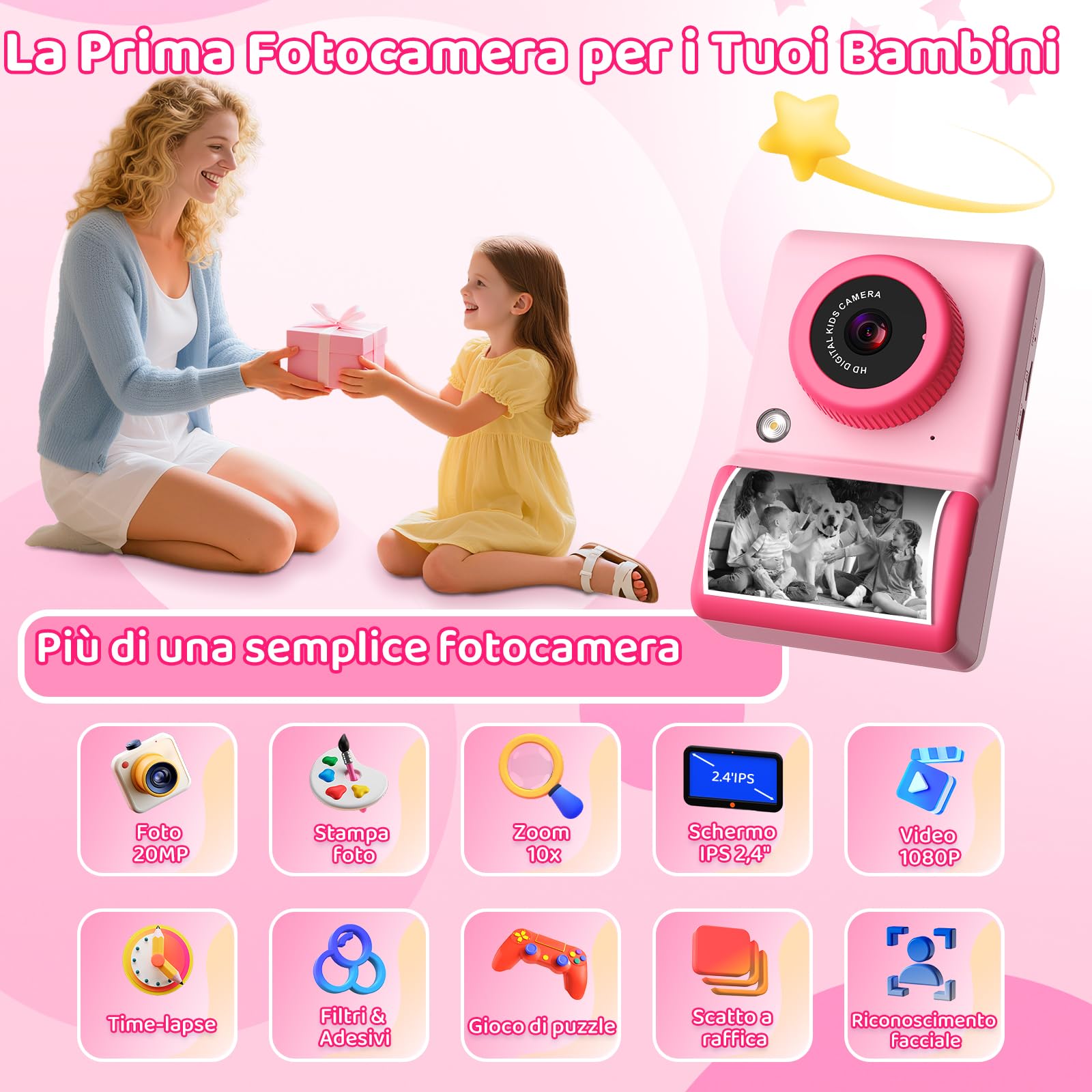 uleway Macchina Fotografica Bambini Istantanea, 2,4" Schermo 1080P Fotocamera Istantanea con 32GB Scheda,Fotocamera Digitale Regalo Giocattolo per Bambini Ragazzi Ragazze 3-12 Anni