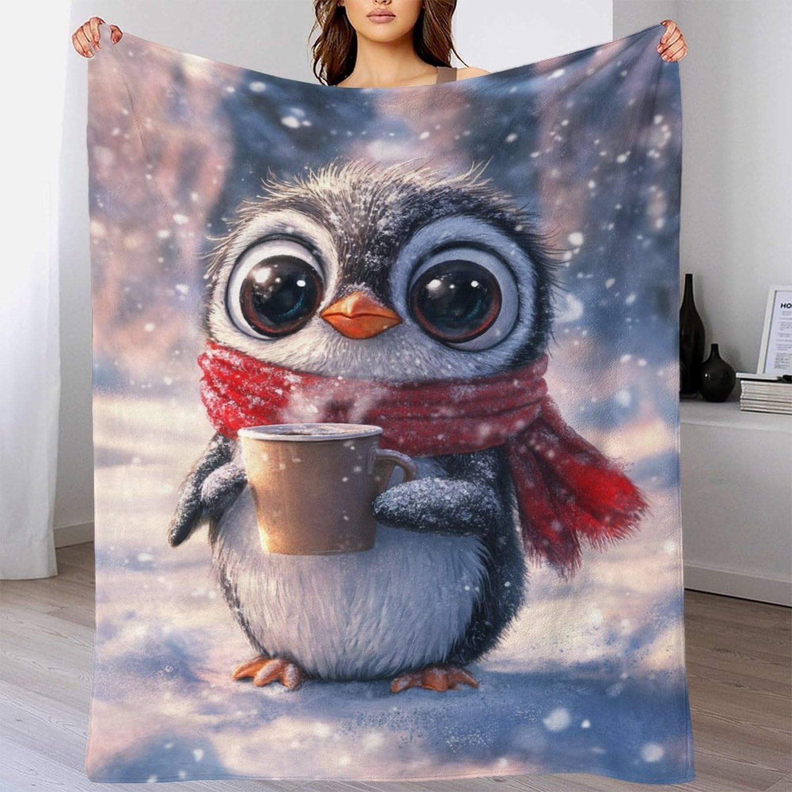Couverture douillette motif pingouin et café, plaid moelleux de 180x200 cm pour chambre et bureau