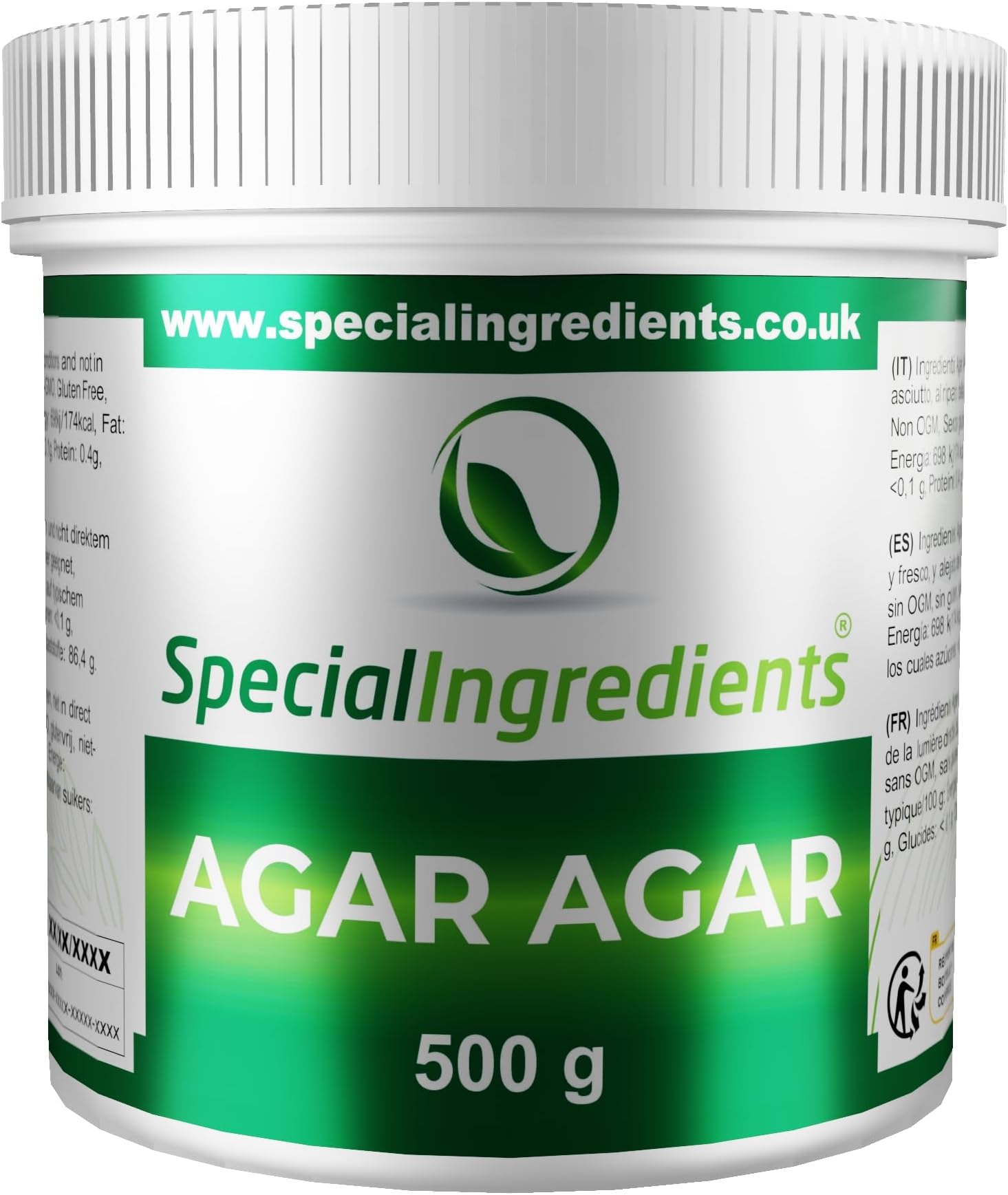 Agar Agar 500g Premium Quality Powder Vegan Gelatine, European, Suitable for Vegan's & Vegetarian's, Non GMO, Gluten Free, Recyclable Container - BRCGS/GFSI Certified.
