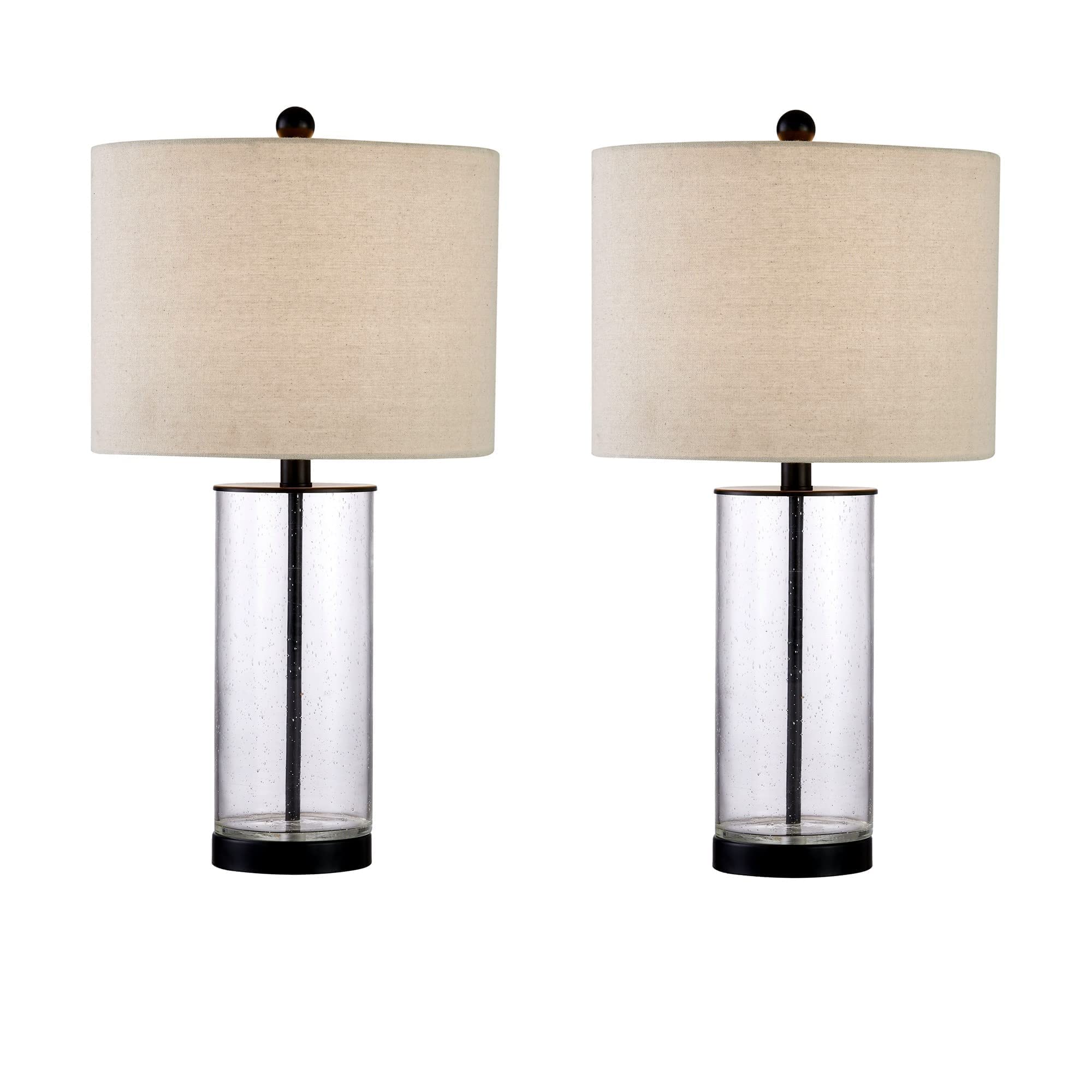 Maxax Bedside Table Lamps Set of 2, Clear Seeded Glass Nightstand Lamps with White Fabric Shade for Living Room Bedroom (Black)
