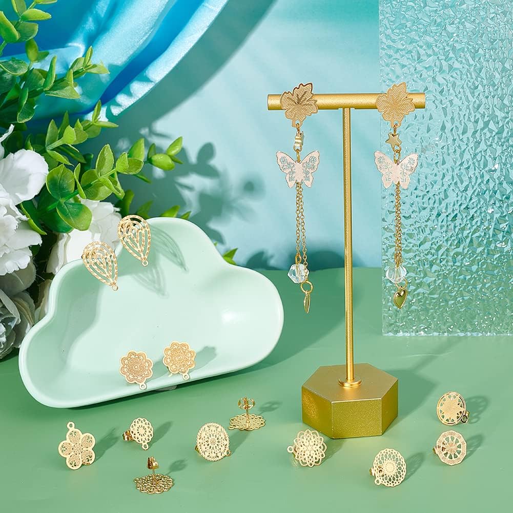 UNICRAFTALE 24pcs 12 Styles Golden Bohemian Stud Earring Findings Stainless Steel Ear Stud Component with Loop Butterfly Stoppers 0.7mm Pin Mixed Shapes Earring for Jewelry Making, Hole 1mm - Image 2