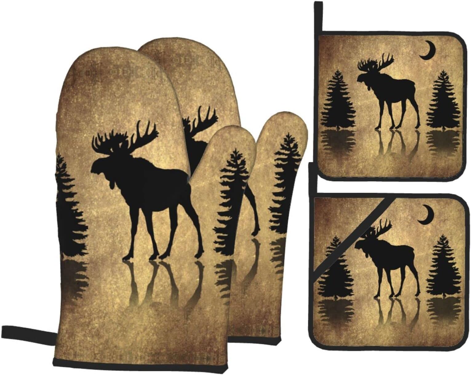 Rustic Elk Moose Deer Forest Pine Tree Moon Design Oven Mitts and Pot Holders Sets of 4 Vintage Animal Heat Resistant Gloves Set Potholders for Kitchen Grilling Non-Slip, 7.2x11in+8x8in