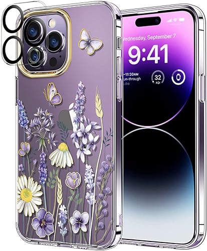 luolnh Funda compatible con iPhone 14 Pro Max para mujeres femeninas, a prueba de golpes, transparente, patrón de plantas, cubierta trasera dura