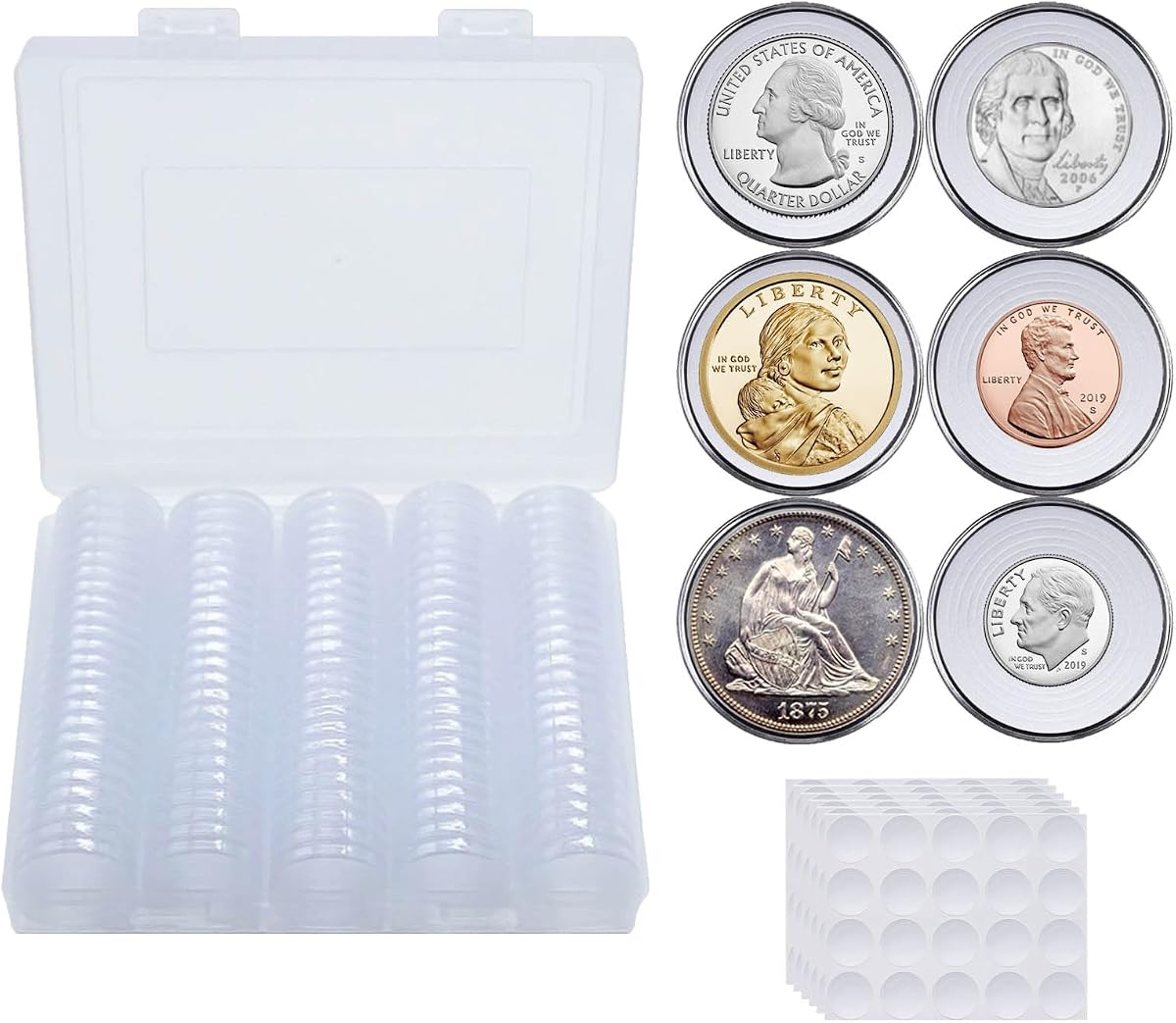 120 Piezas Cápsulas de Monedas de 30 mm Portamonedas para Coleccionistas, con Junta de Espuma y Caja Organizadora de Almacenamiento de Plástico, 6 Tamaños (17,9/19,1/21,2/24,3/26,5/30 mm) Caja de Monedas para Suministros de Colección de Monedas (Blanco)