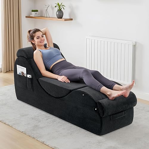 Yoga Chairs for Adults, Ergonomic Chaise Lounge Chair Indoor with Side Pocket, Lumbar Pillow, Ottoman, Yoga Chair Perfect for Stretching, Relaxation, Exercise, Used in Bedroom, Living Room（Black）