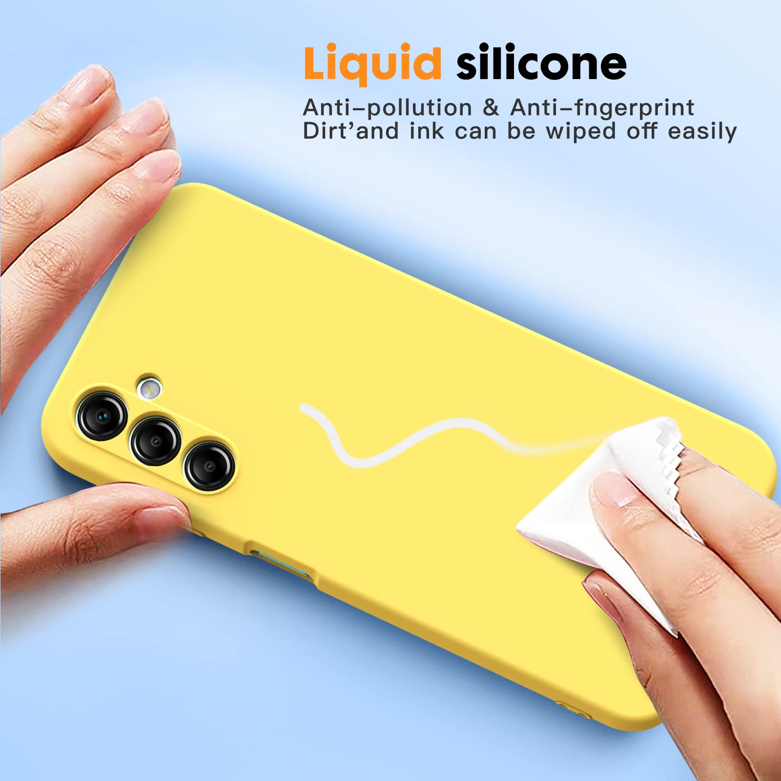 Vansdon Cover Compatibile con Samsung Galaxy A14 4G/5G, 2 Pellicola Protettiva in Vetro Temperato, Gomma Gel di Silicone Liquida Antiurto Custodia - Giallo