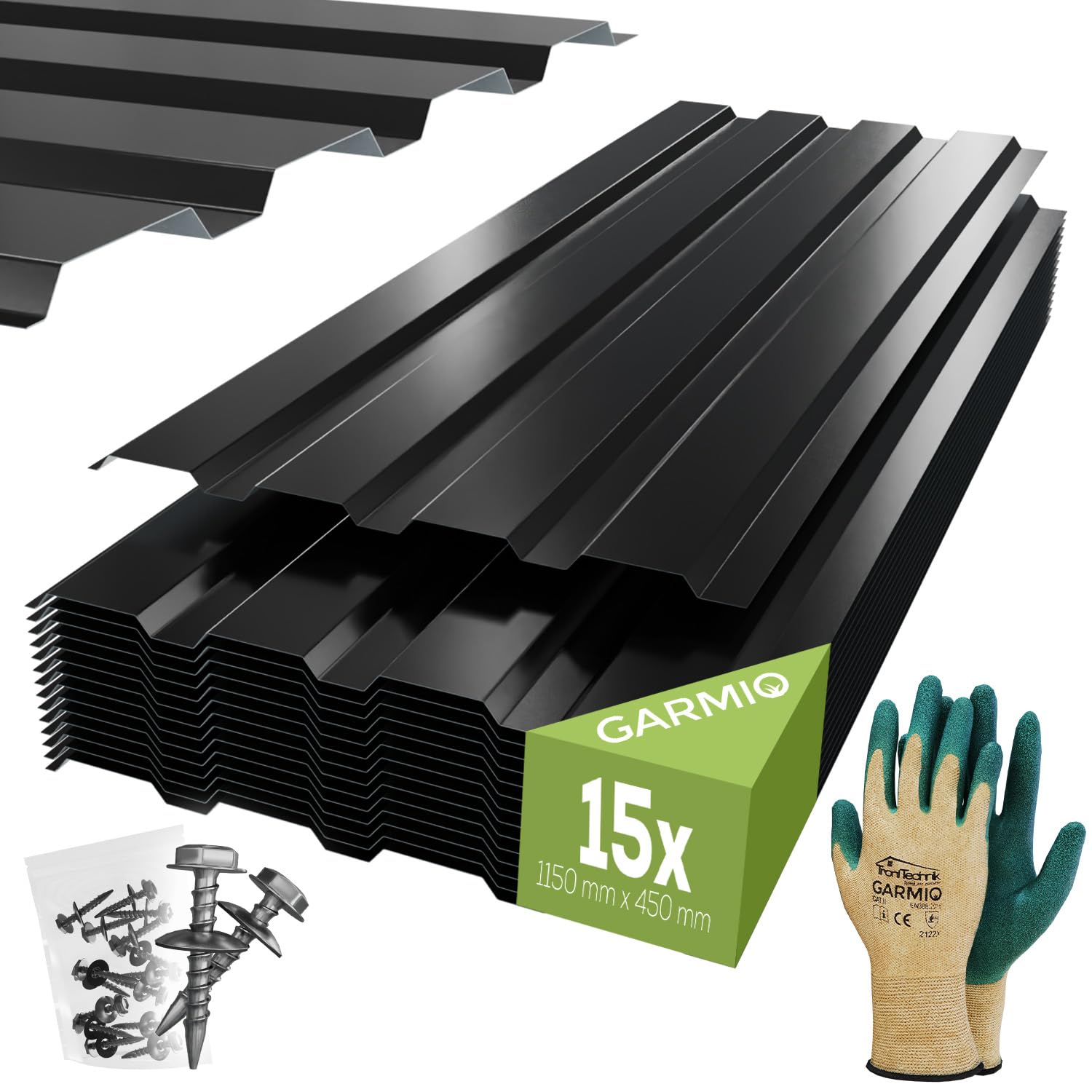 GARMIO® Profilblech Amalfi 115x45 cm Trapezblech Set mit 15 Stück, 7,8 m² Dachblech inkl. Schrauben, verzinkter Stahl schwarz