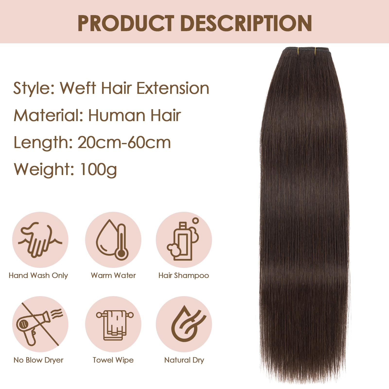 TESS Tressen Echthaar Dunkelbraun 100g, Weft Extensions Echthaar, Remy Haar zum Einnähen Sew in Hair Extensions Haarverlängerung 70cm
