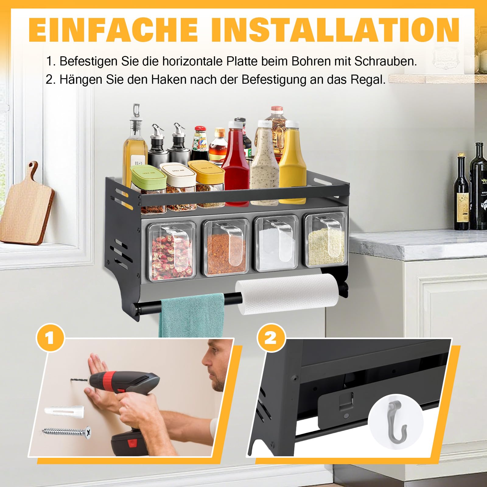 Fooaot Kruidenrek voor aan de muur, set van 2, metalen kruidenorganizer, grijs, keukenrek zonder boren, met 5 haken, kruidenstandaard, wandmontage, hangend kruidenrek voor keukenrek, 40 cm