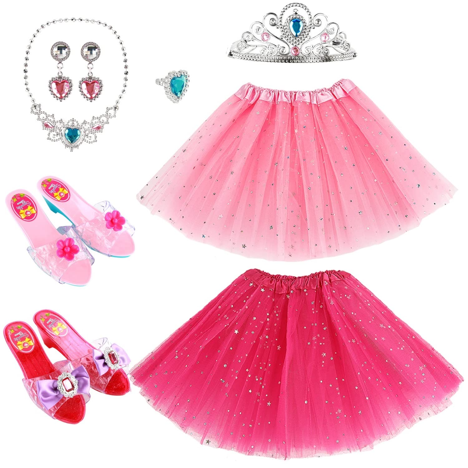 M MUNCASO Girls Princess Dress Up Shoes - Princess Tutu Skirts Set Kids Princess Toys Pretend Jewelry Sets Party Decorations with Crown, Bracelets, Earrings, Rings, Dress and Shoes Pink
