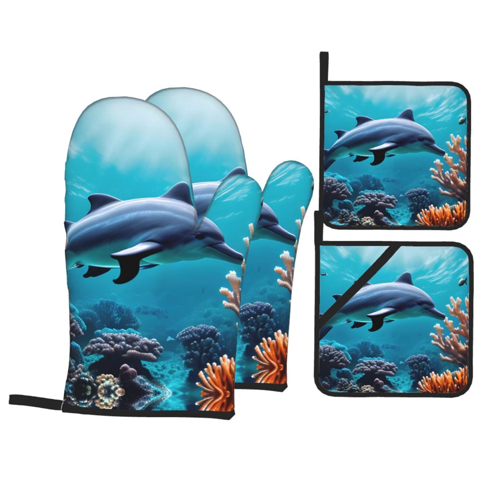 Beautiful Underwater World Dolphins Coral Print Oven Microwaving Waterproof Kitchen Gloves for Baking Grilling Holiday Cooking