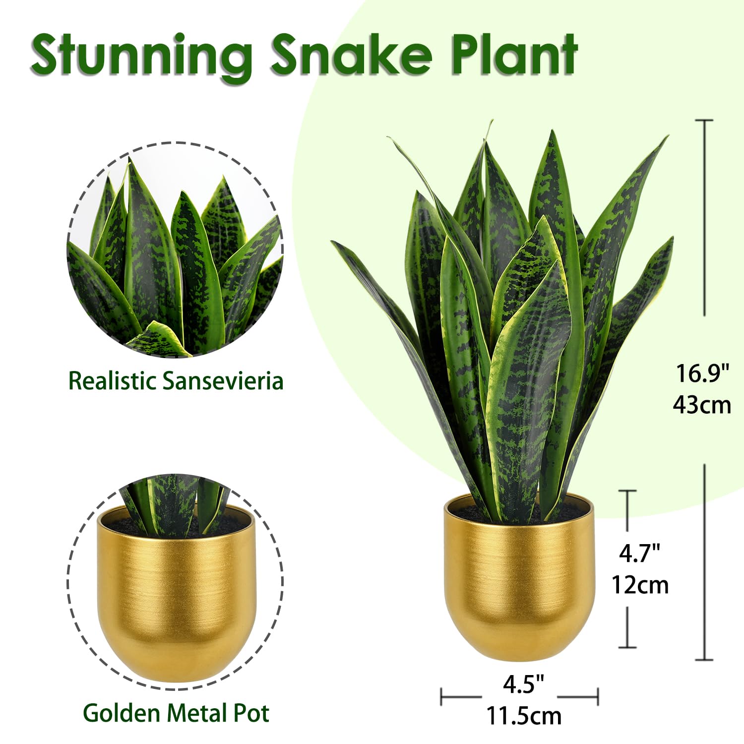 Briful 16.9" Fake Plants Artificial Snake Plants in Golden Brushed Metal Pot - Image 2