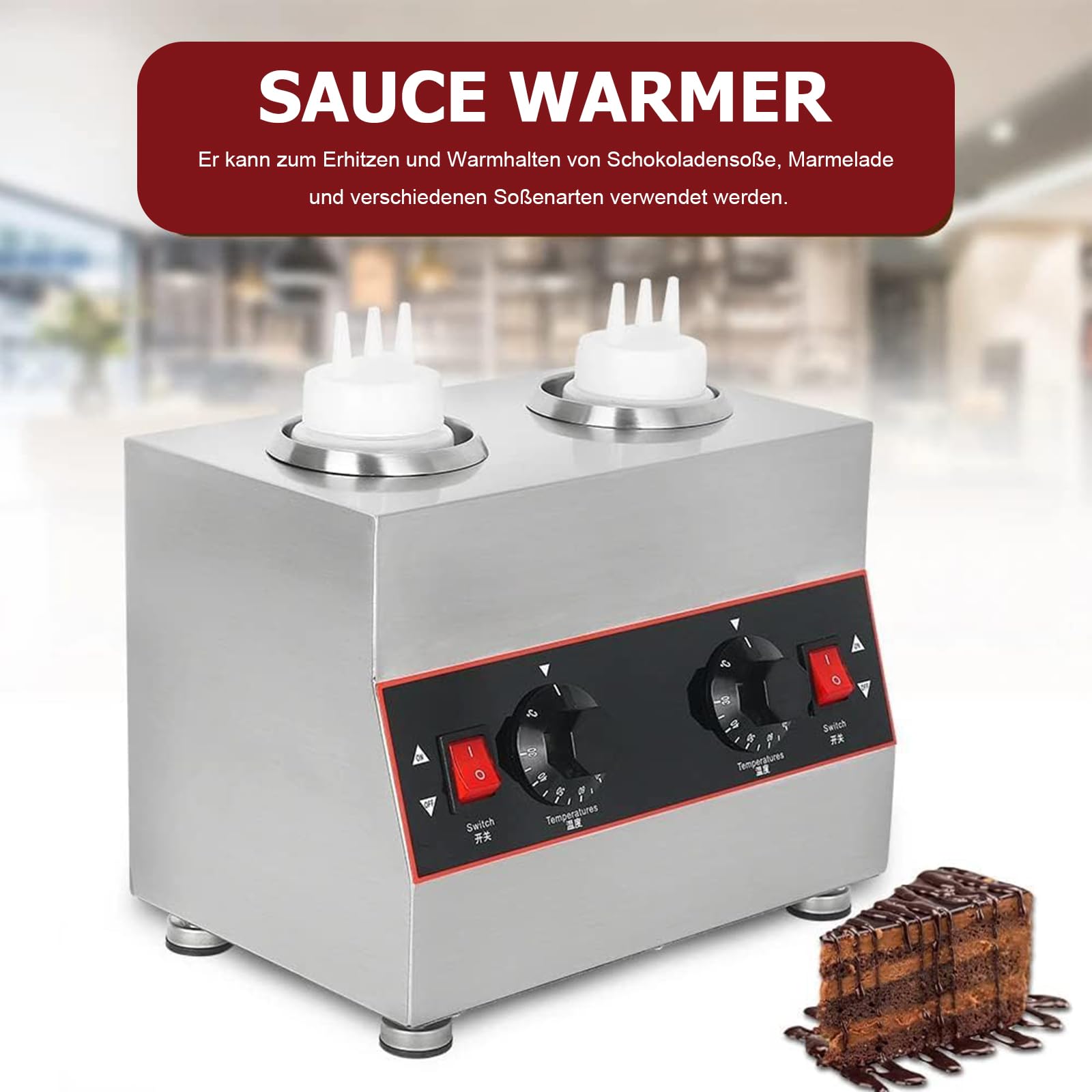 Calentador de salsas eléctrico comercial con botella de 2 x 650 ml, dispensador de salsa de queso eléctrico comercial, control de temperatura, para calentar chocolate, mantequilla y mermelada (30-85 °