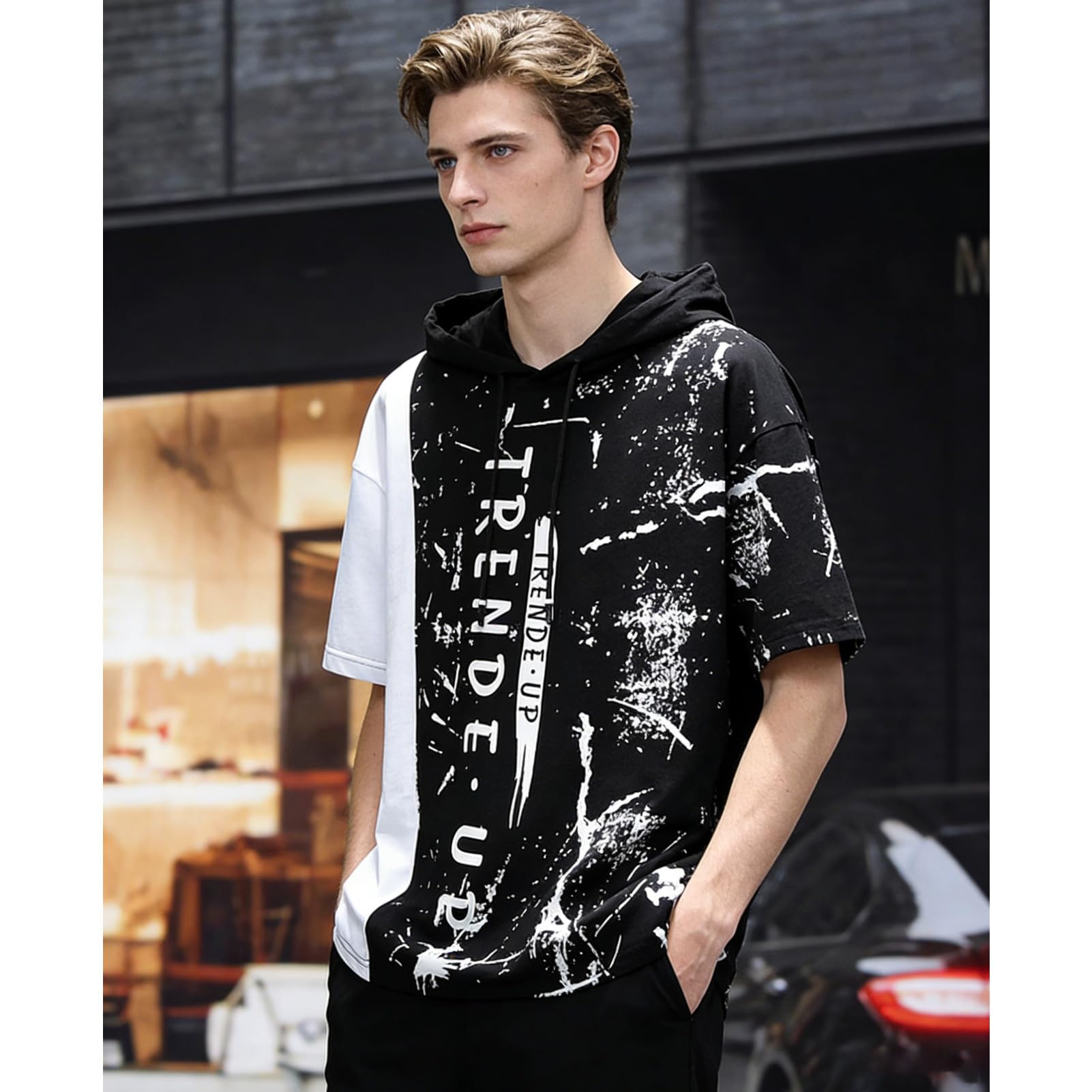 Kurzarm Hoodie Herren Baumwolle Tshirt mit Kapuze Kapuzenshirt Kapuzenpulli Sommer Pullover