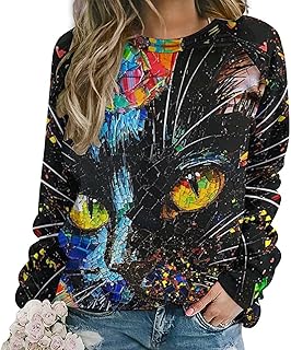 ZOCAVIA Sudaderas con estampado de gato, diseño de arte Y2K, para mujer, diseño de gato abstracto, manga larga, pintura al óleo, camisetas impresas con gatos