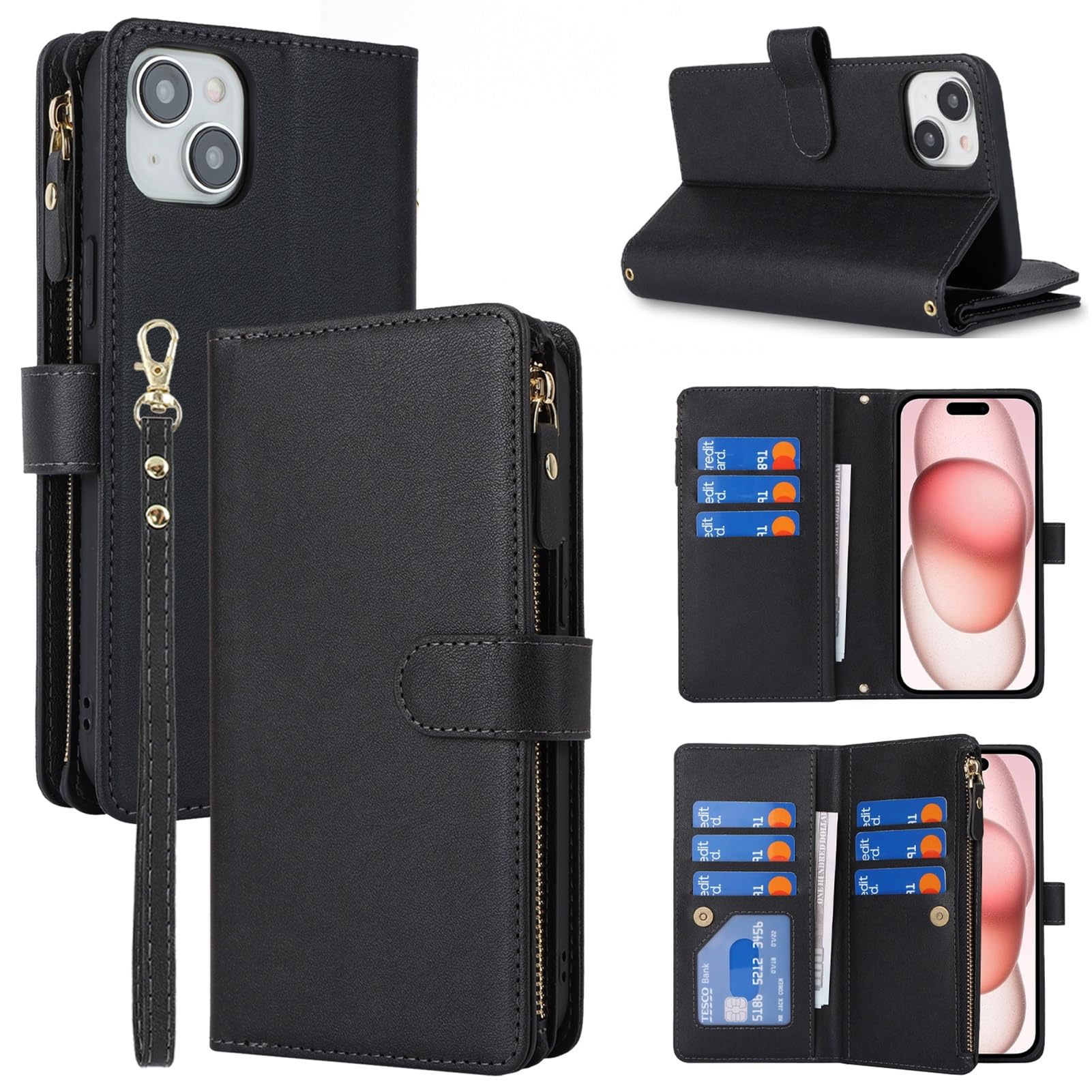 Jaorty Handyhülle Für IPhone 15 Plus/14 Plus – Mit RFID-Schutz, 6 Kartenfächern & Abnehmbarer Handschlaufe | PU-Leder Case Mit Standfunktion