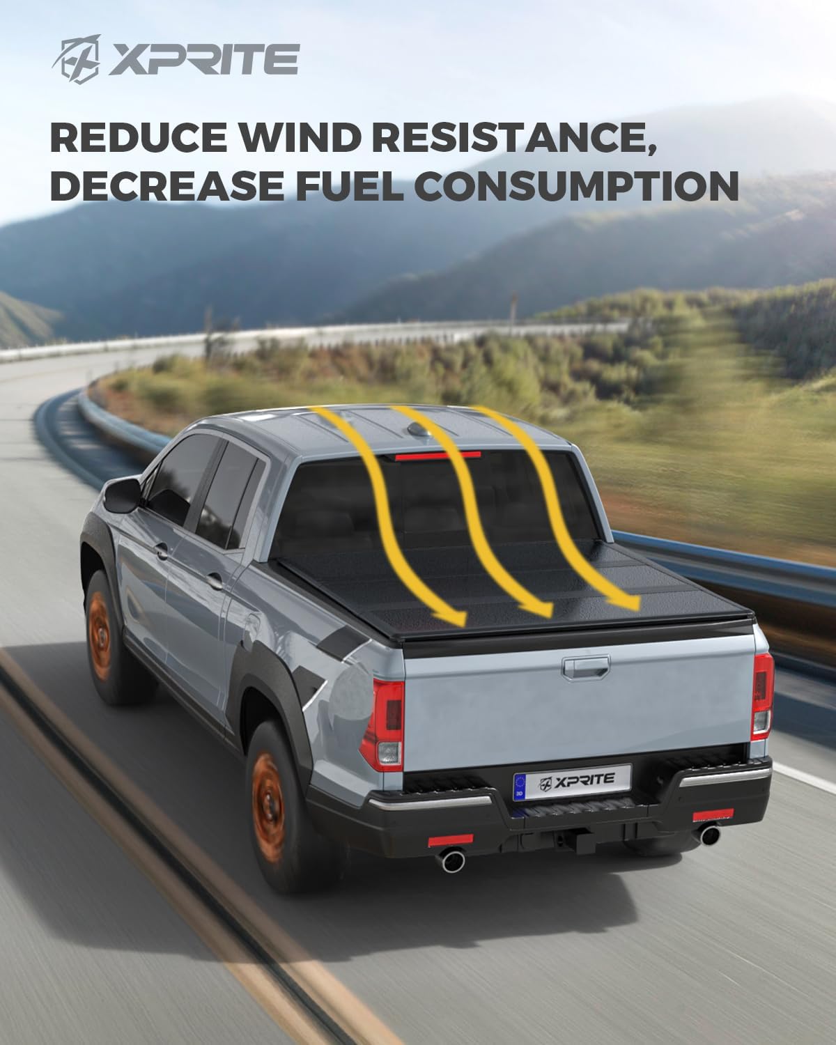 Truck with tonneau cover driving on a road, showing airflow lines over the cover