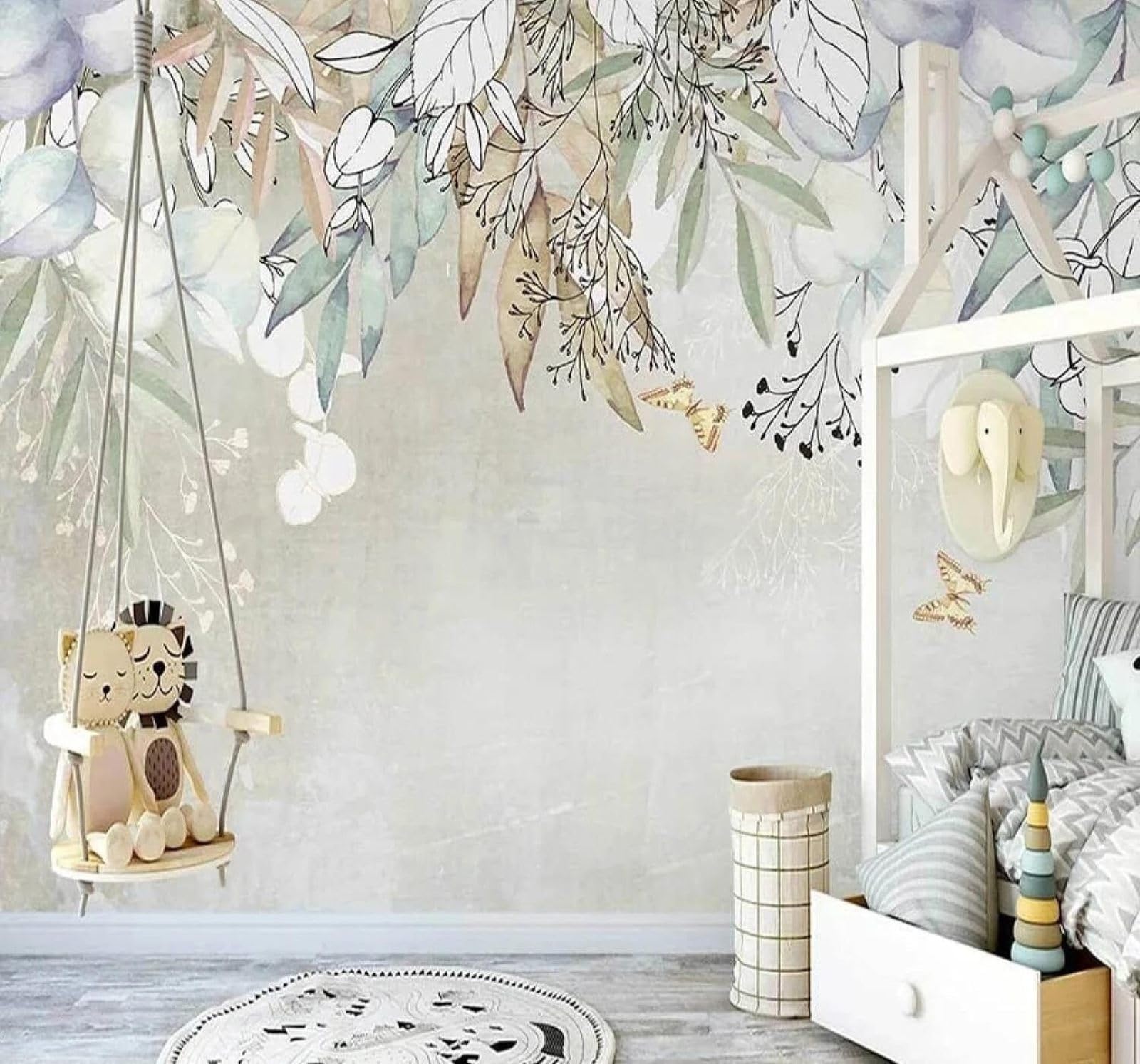 XLMING Fresh Watercolour Hand Drawn Leaves Butterflies 3D Wallpaper Silky Texture Home Study Office Grey Dining Room Sofa Bedroom Living Room TV Backdrop-400cm×280cm