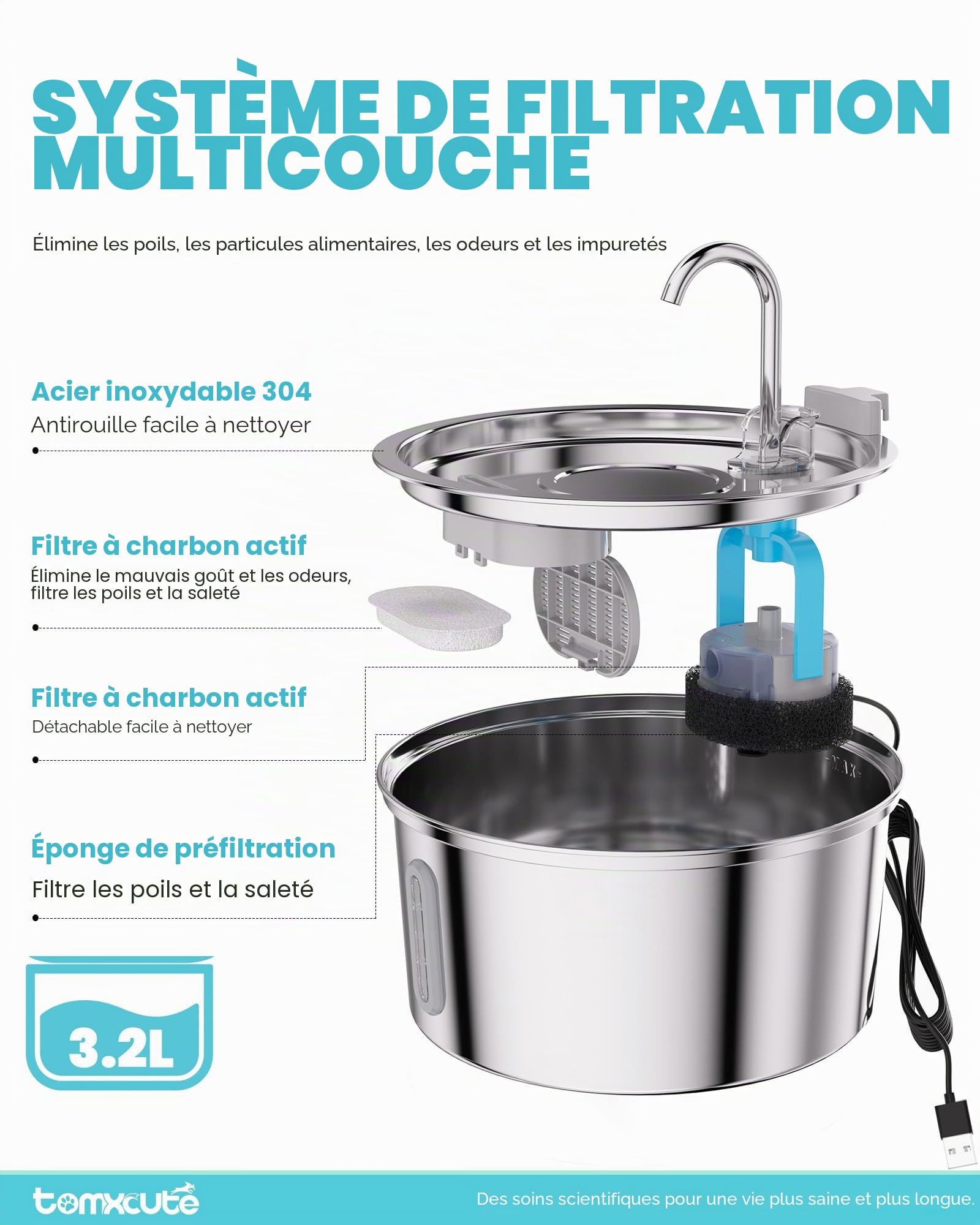 TOMXCUTE Fontaine a Eau Chat INOX (Acier Inoxydable, Robinet Fontaine à Eau pour Chat)