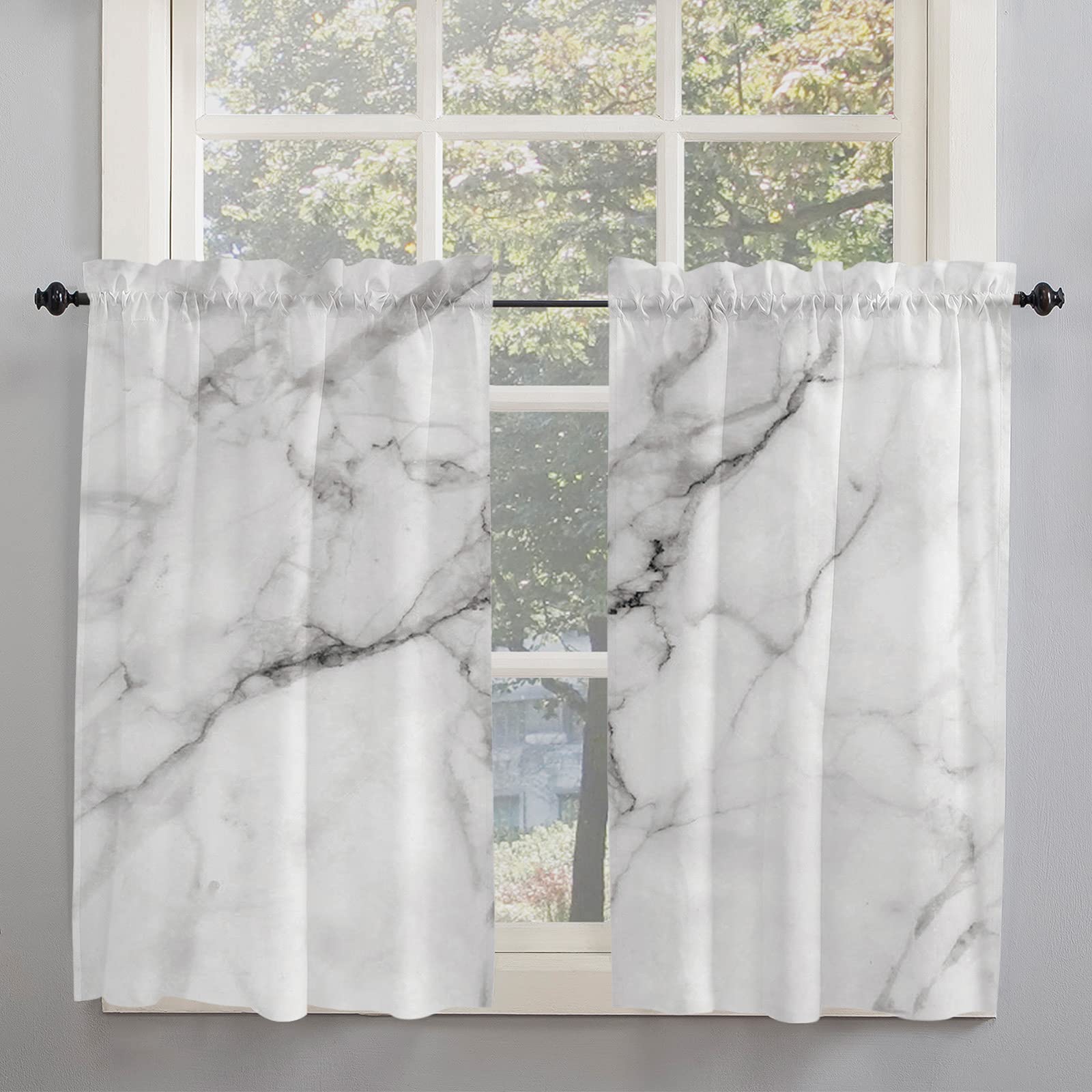 BOBOWUNY Marble Window Tier Curtain 45 Inches Long Set of 2 Panels, Marble Cracks Motif Half Windows Rod Pocket Kitchen Curtains White Small Kitchen Drapes for Bathroom Cafe 55''x45''