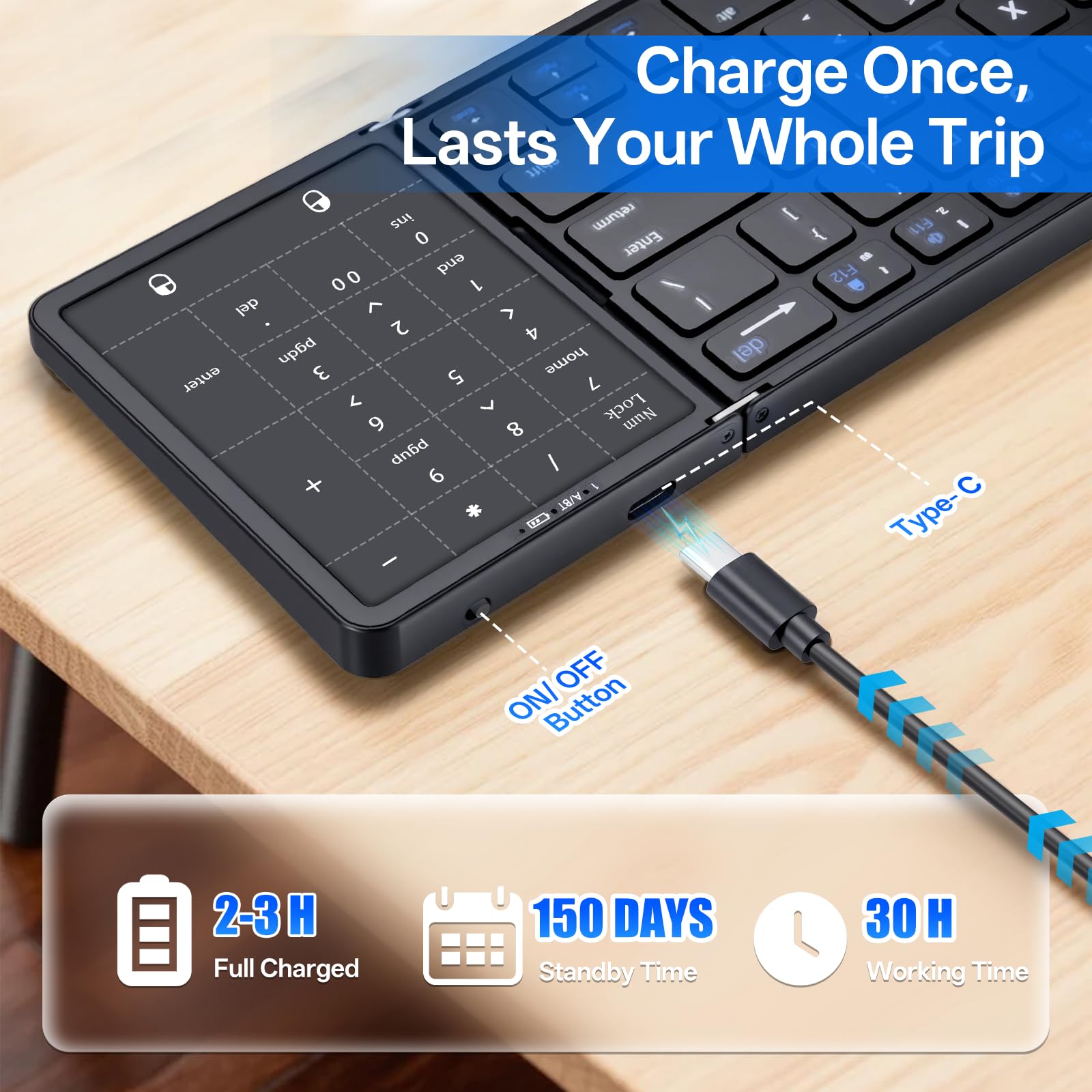 Tastiera Pieghevole con touchpad, Mini Tastiera Wireless Bluetooth Silenziosa con tastierino numerico, Tastiera Portatile Ricaricabile per Android, Windows e iOS telefoni, QWERTY
