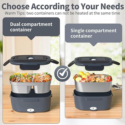 Miniatura 3 de Vingud Lonchera Eléctrica para Adultos, Lonchera Calentada con 2 Contenedores de Acero Inoxidable, 1.5L Calentador de Alimentos Portátil de 80W para