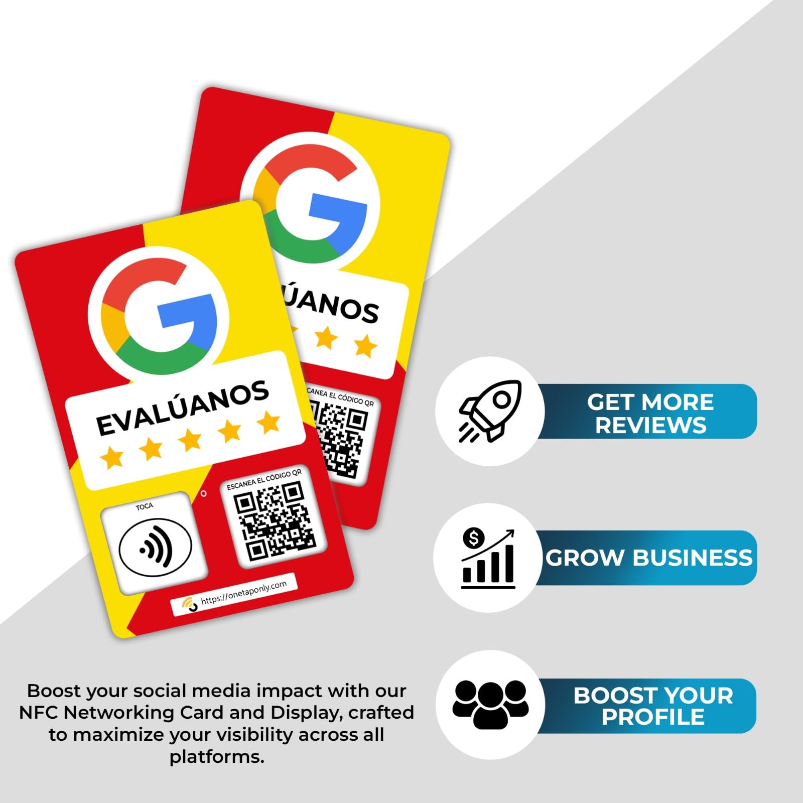 Spanish Google Review Cards by One Tap Only, Tap for Instant Reviews, Compatible with All Phones, NFC & QR Smart Tap Reusable - Image 4