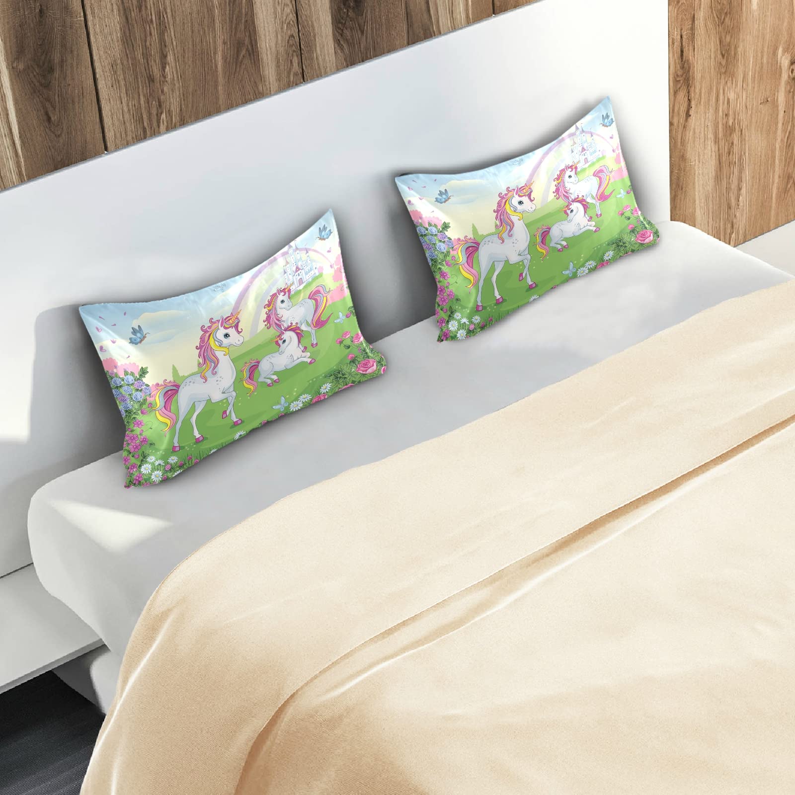 ALAZA Satin Pillowcase for Hair and Skin, Unicorn with Castle and Rainbow Decorative Soft Pillow Cases Queen Size 30x20 inches