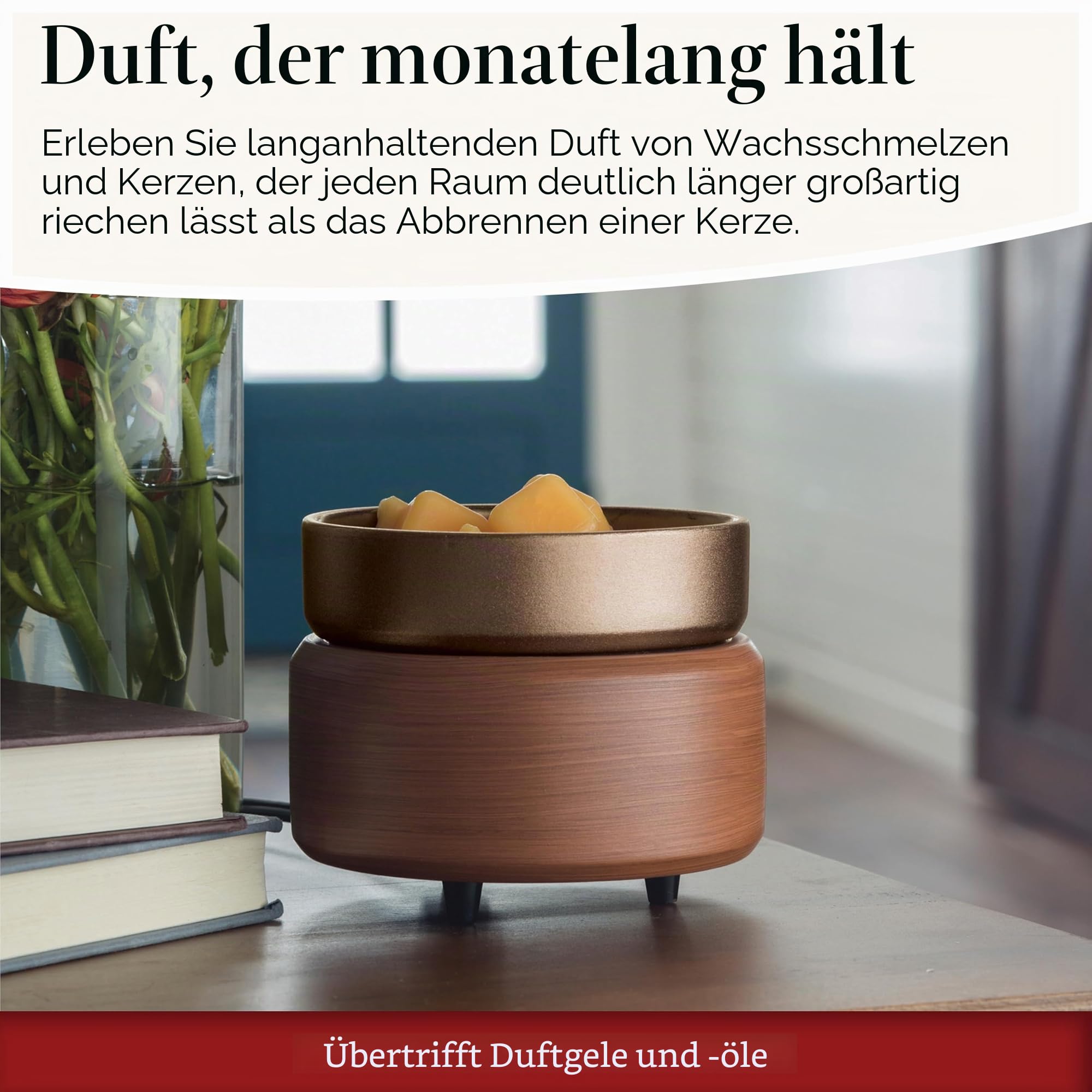 CANDLE WARMERS ETC 2-in-1 Kerzen- und Duftwärmer für Kerzen & Wachsschmelzen (Bronze/Walnuss) - sicherer, flammenfreier und langanhaltender Duft