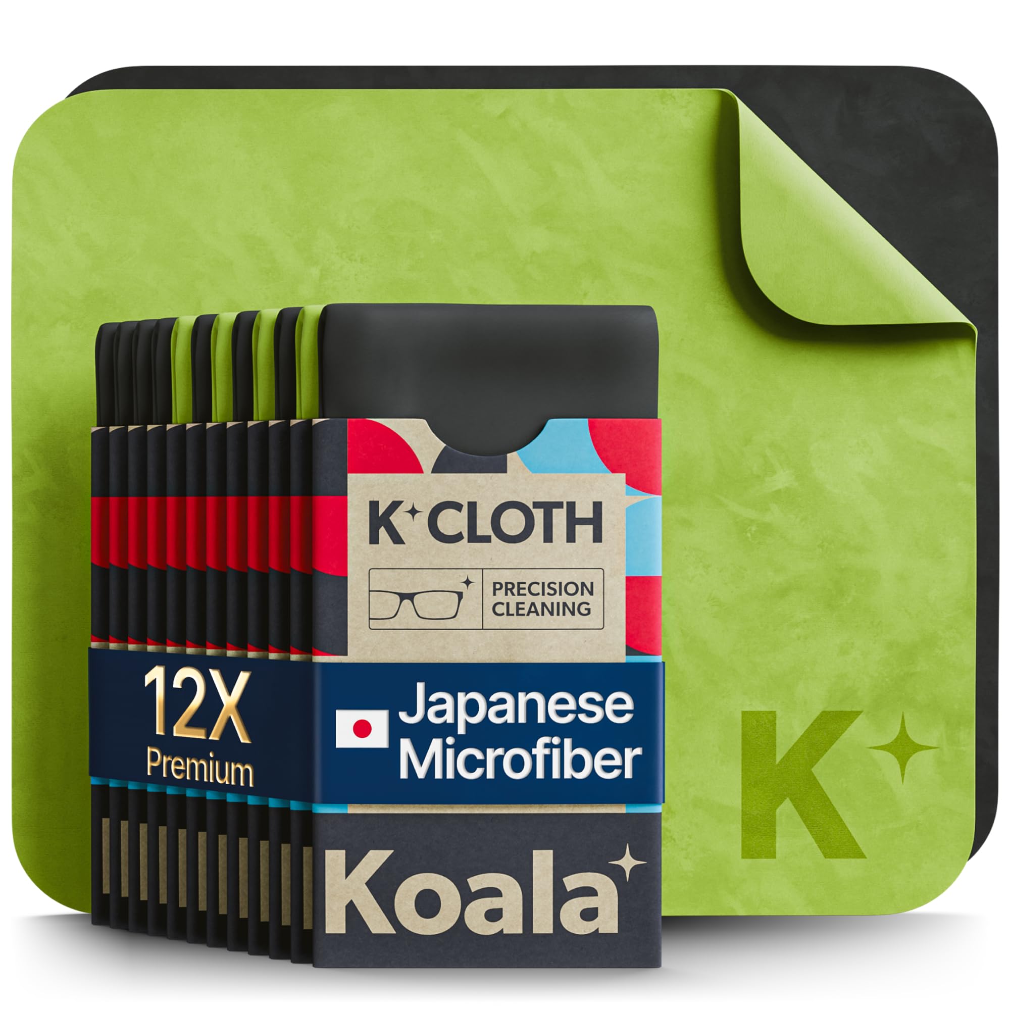 Koala Lens Cleaning Cloth | Japanese Microfiber | Glasses Cleaning Cloths | Eyeglass Lens Cleaner | Eyeglasses, Camera, VR/AR Headset, and Screen Cleaner | Black & Green (Pack of 12)