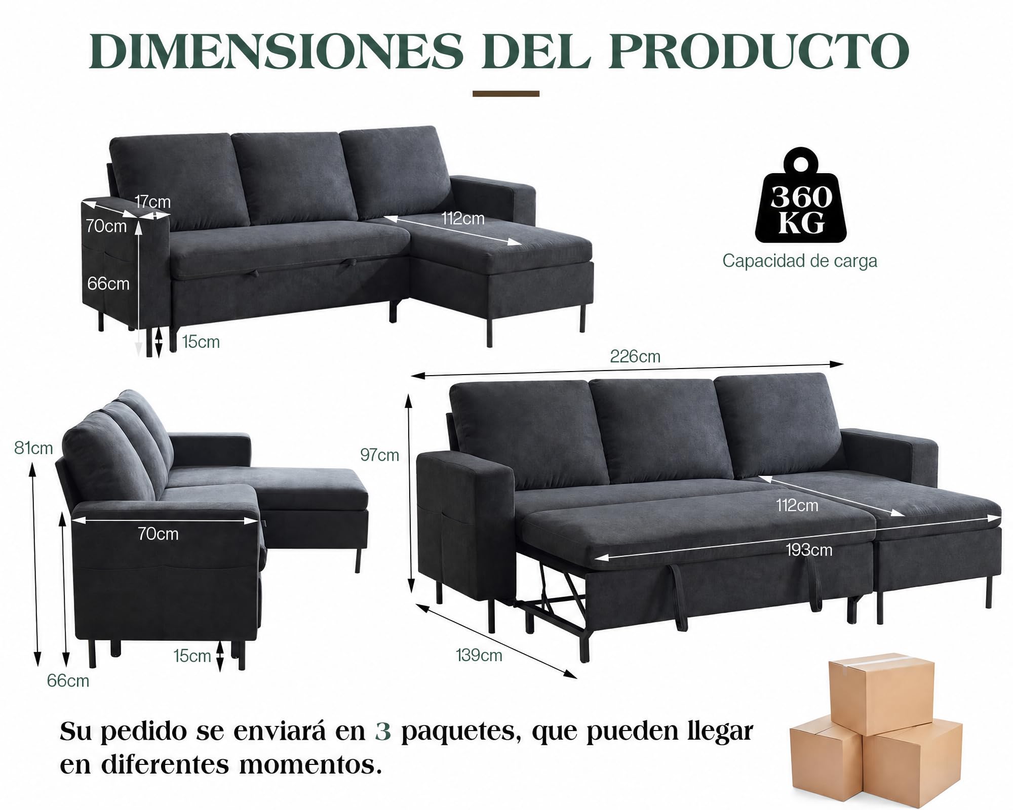 LUXOAK Sofá Cama en L 3 Plazas con Almacenamiento (Gris, Patas Altas)