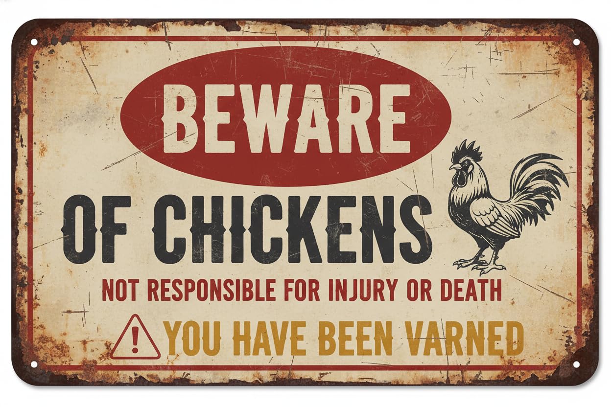 Beware Of Chickens Not Responsible Tin Sign, 12x8 Inch