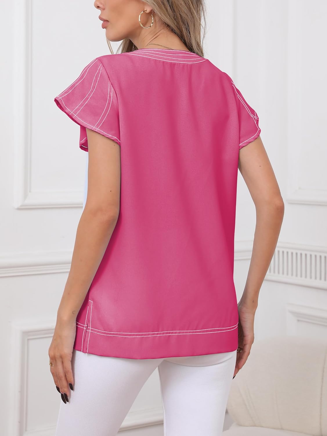 Famulily Womens Cute Flutter Cap Sleeve Notched V Neck Blouse Top Contrast Color Stitched Line Side Split Hem Tee Shirt - Image 4