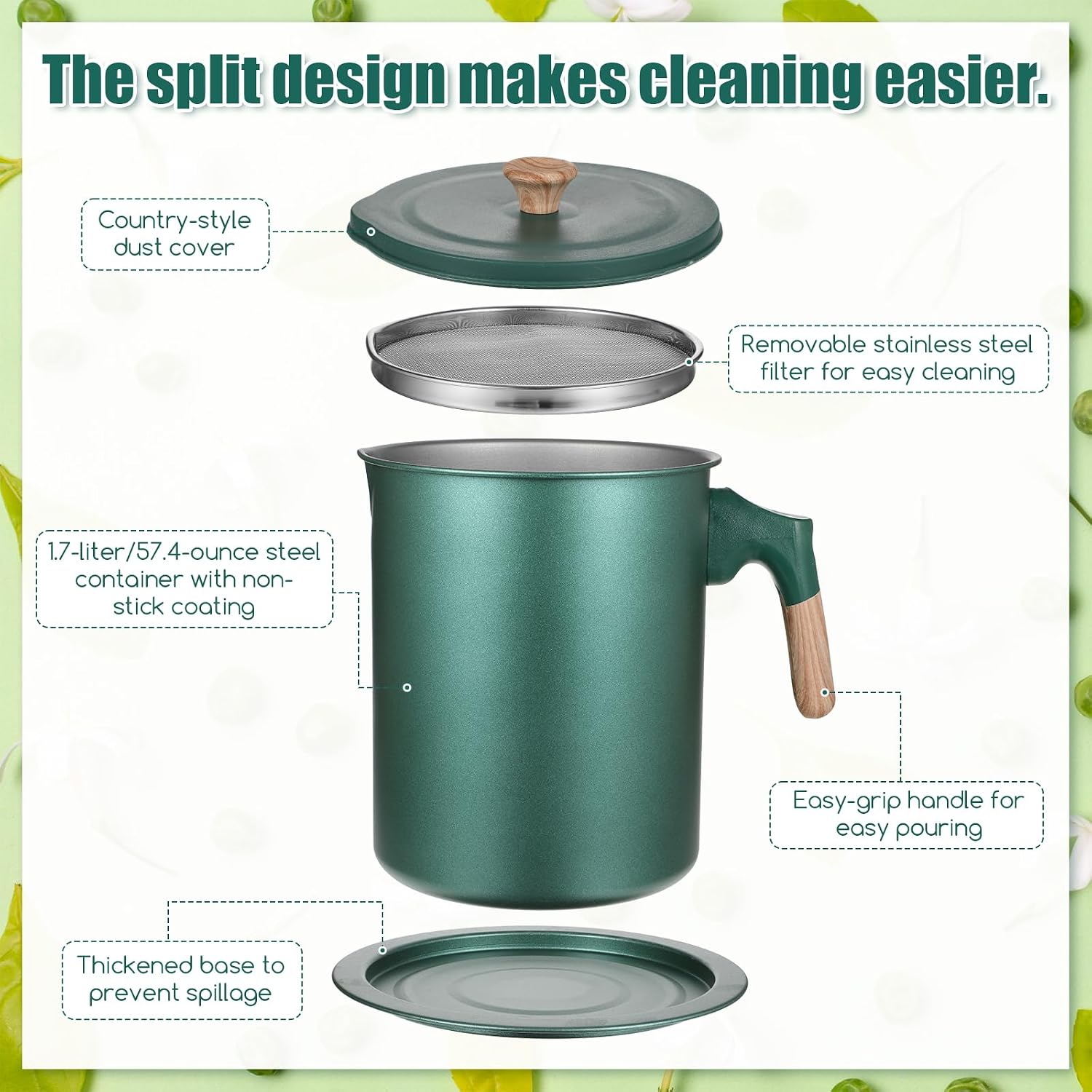 Bacon Grease Container with Strainer, 1.7L/60 Oz Oil Strainer Pot, Stainless Steel Oils Filter Pot With Lid and Easy Grip Handle, Green Cooking Oil Storage Holder for Used Cooking Oils, Fat and Frying image 3