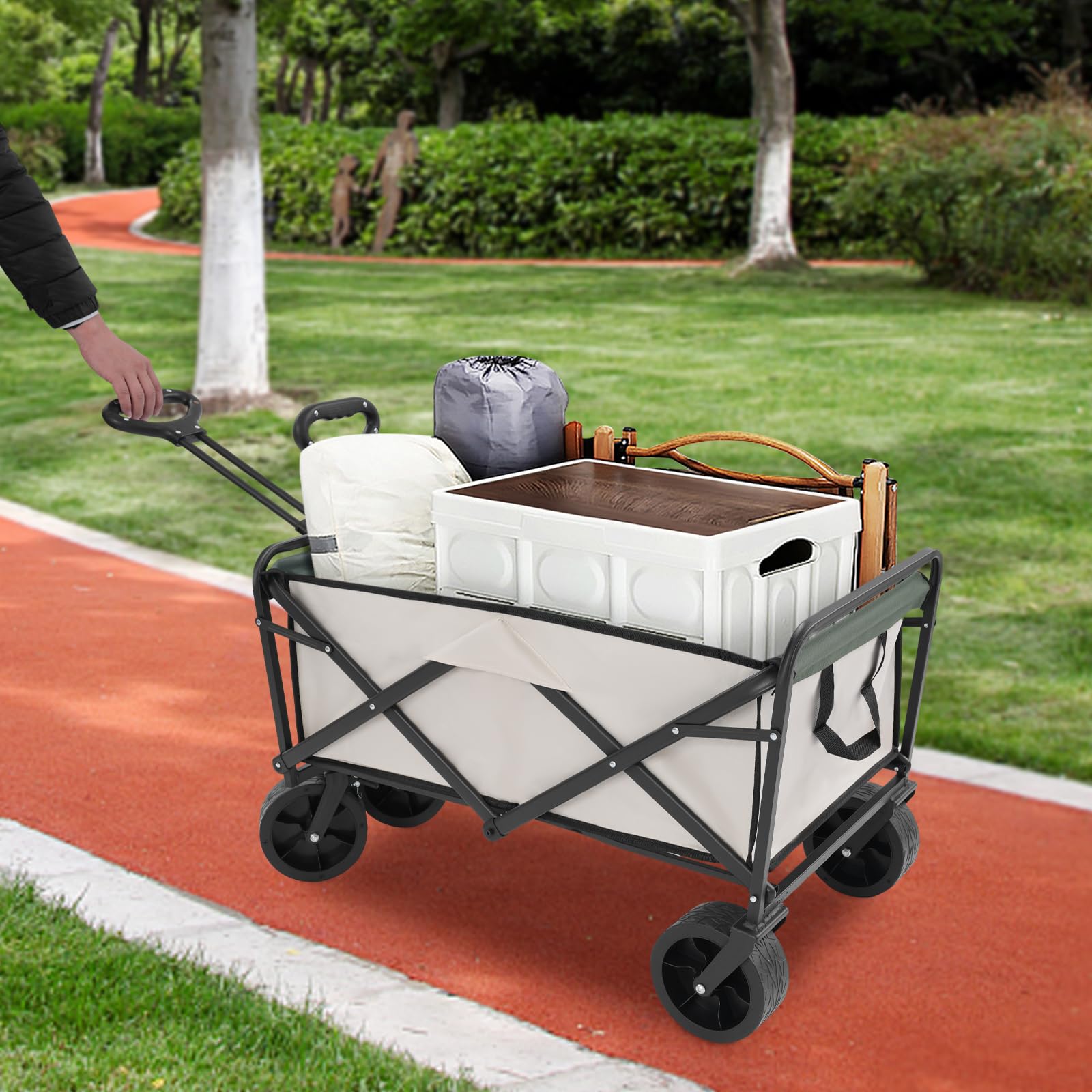 Carretilla de mano plegable de 8 pulgadas con 4 ruedas de patrón antideslizante, 89,5 x 51 cm, para actividades al aire libre, playa, jardín, parque, camping, compras