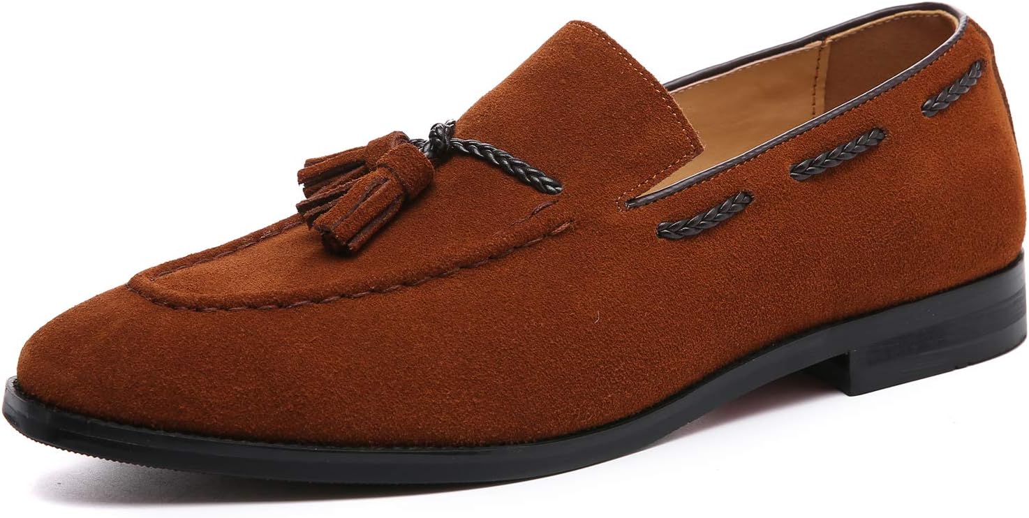 Santimon Mens Loafers Tassel Fringe Suede Casual Driving Slip on Dress Shoes Moccasins Tan 11 US
