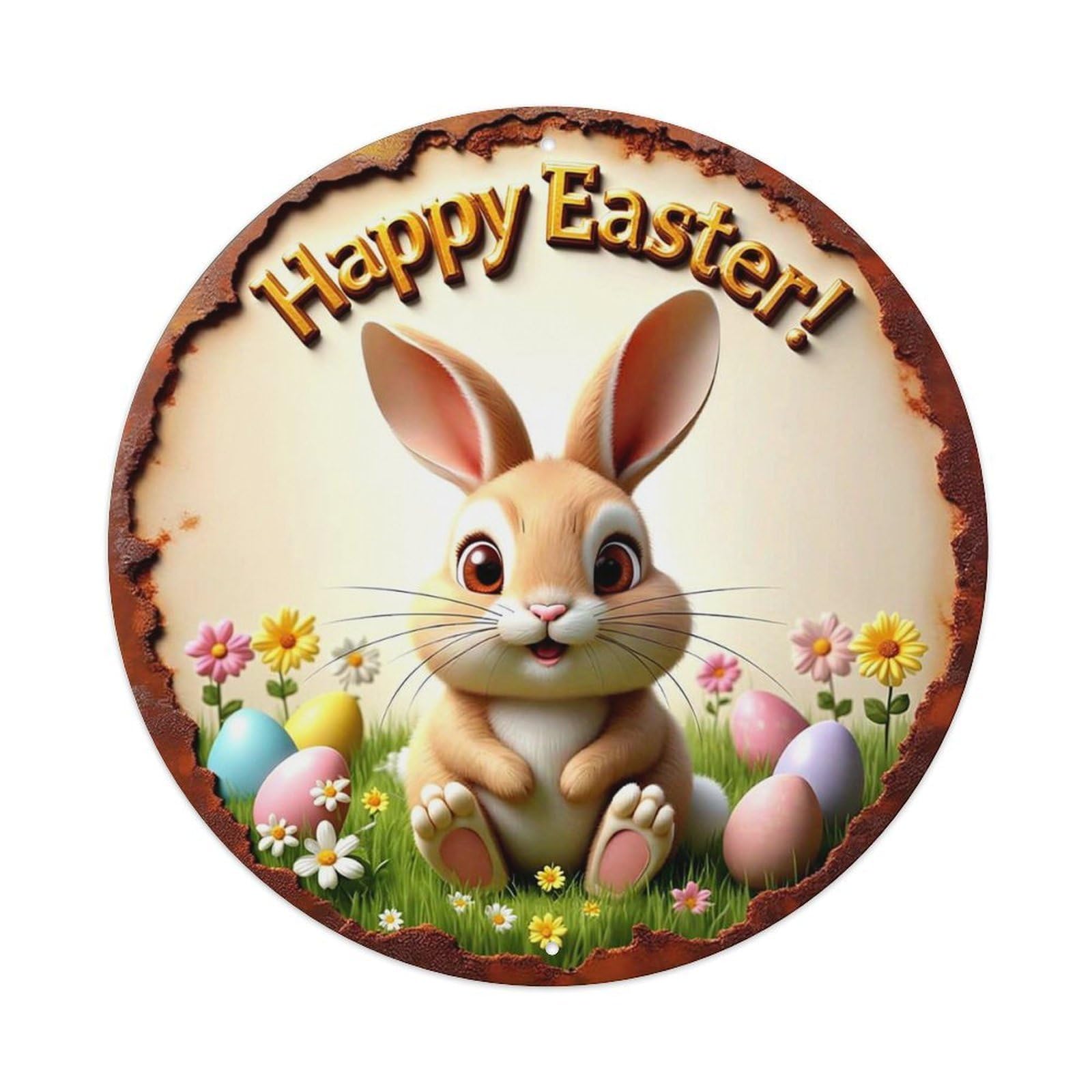 Happy Easter Bunny Eggs Flowers Retro Metal Sign Round Tin Sign, Vintage Decor Art Poster for Bar, Home, Man Cave, Kitchen, Laundry Room Gift 8x8Inch
