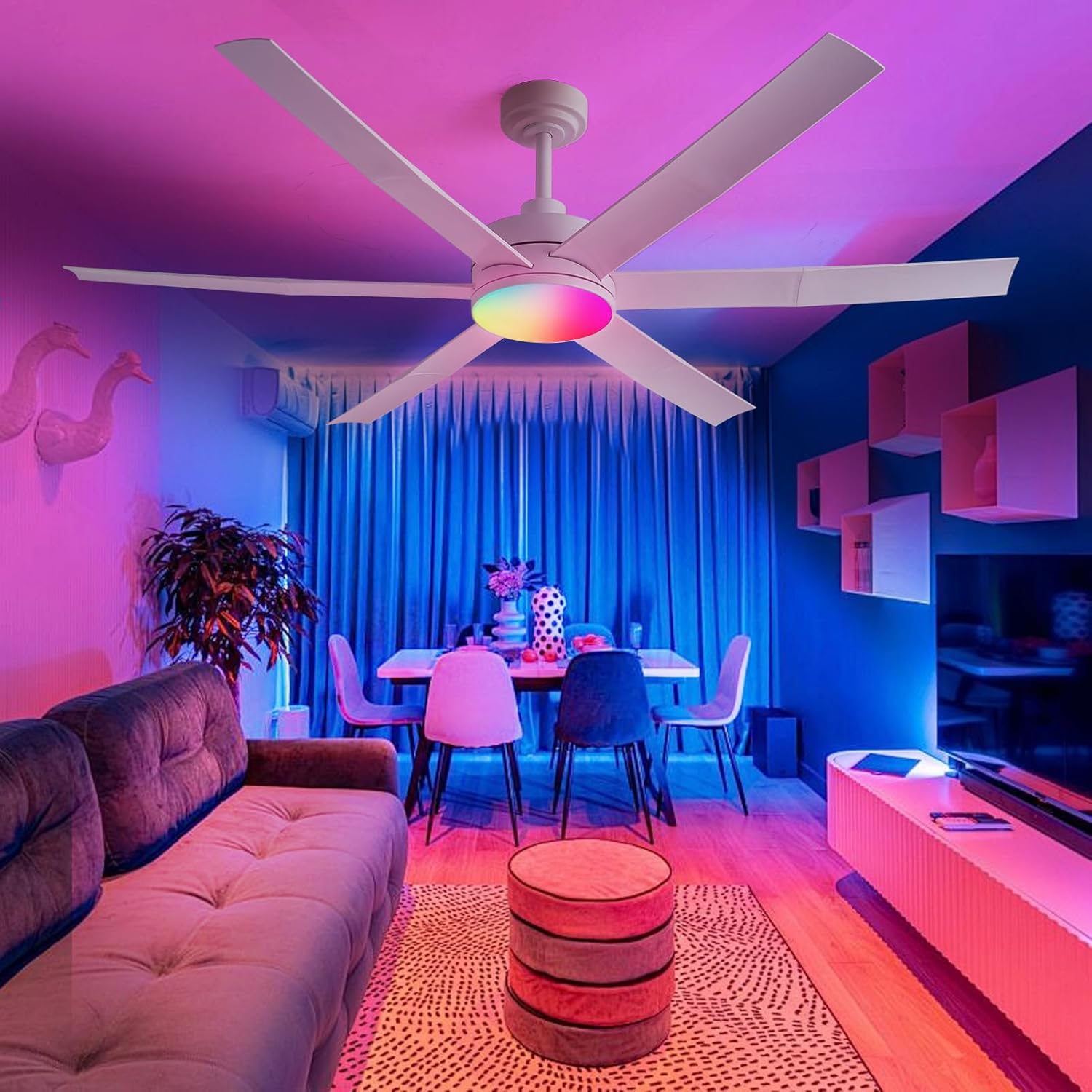 Size 60 Color White Modern Outdoor Ceiling Fans with Dimmable LED Light for up to 400sq. ft. Area, Works for Sloped Ceiling, RGB Lighting Mode Remote & App Control Damp-Rated 5 Years Motor Warranty, 60 Inch, White