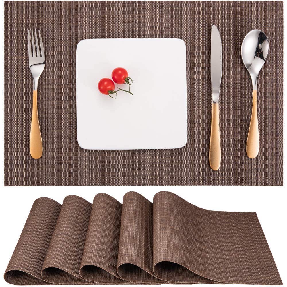 Myir JUN Place Mats, Table Mats Set of 6 Indoor Placemats Washable Non-Slip Heatproof Woven Placemats for Dining Table Fabric Place Mat PVC (Coffee, Set of 6)