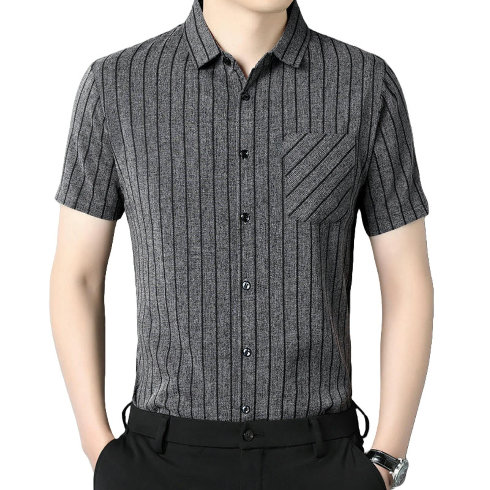 Camicia da uomo in cotone e lino, a righe, vestibilità aderente, stile coreano, con bottoni