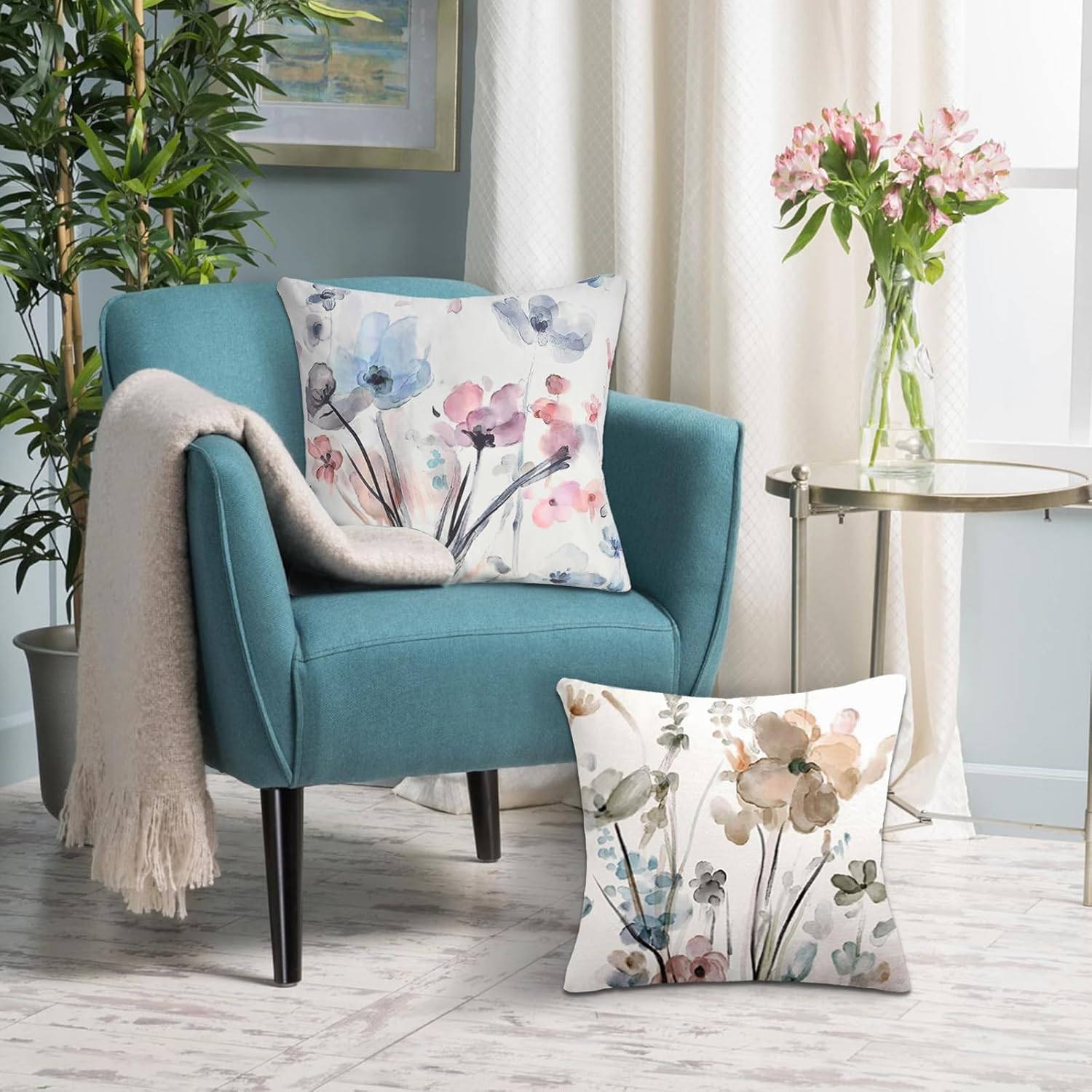 Dixutzi Flower Throw Pillow Covers 18x18, Watercolor Teal Brown Cream Grey Floral Pillow Cushion Cases, Abstract Modern Pillowcases Home Decor for Sofa Couch Living Room Bedroom Car, Set of 2 - Image 7