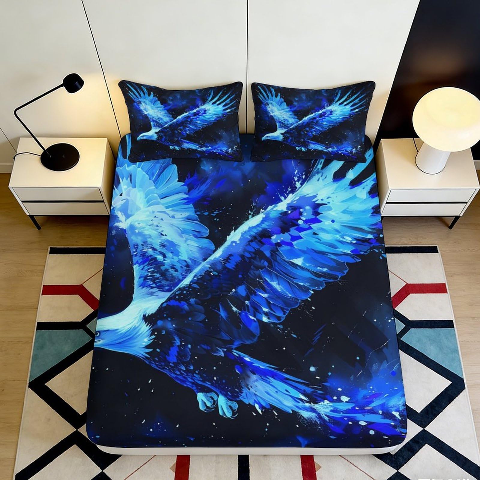 3D Printed Blue Phoenix Fitted Sheet Microfiber Soft Mattress Cover for Bedroom Dorm Artistic Decor Washable 160x200x25cm